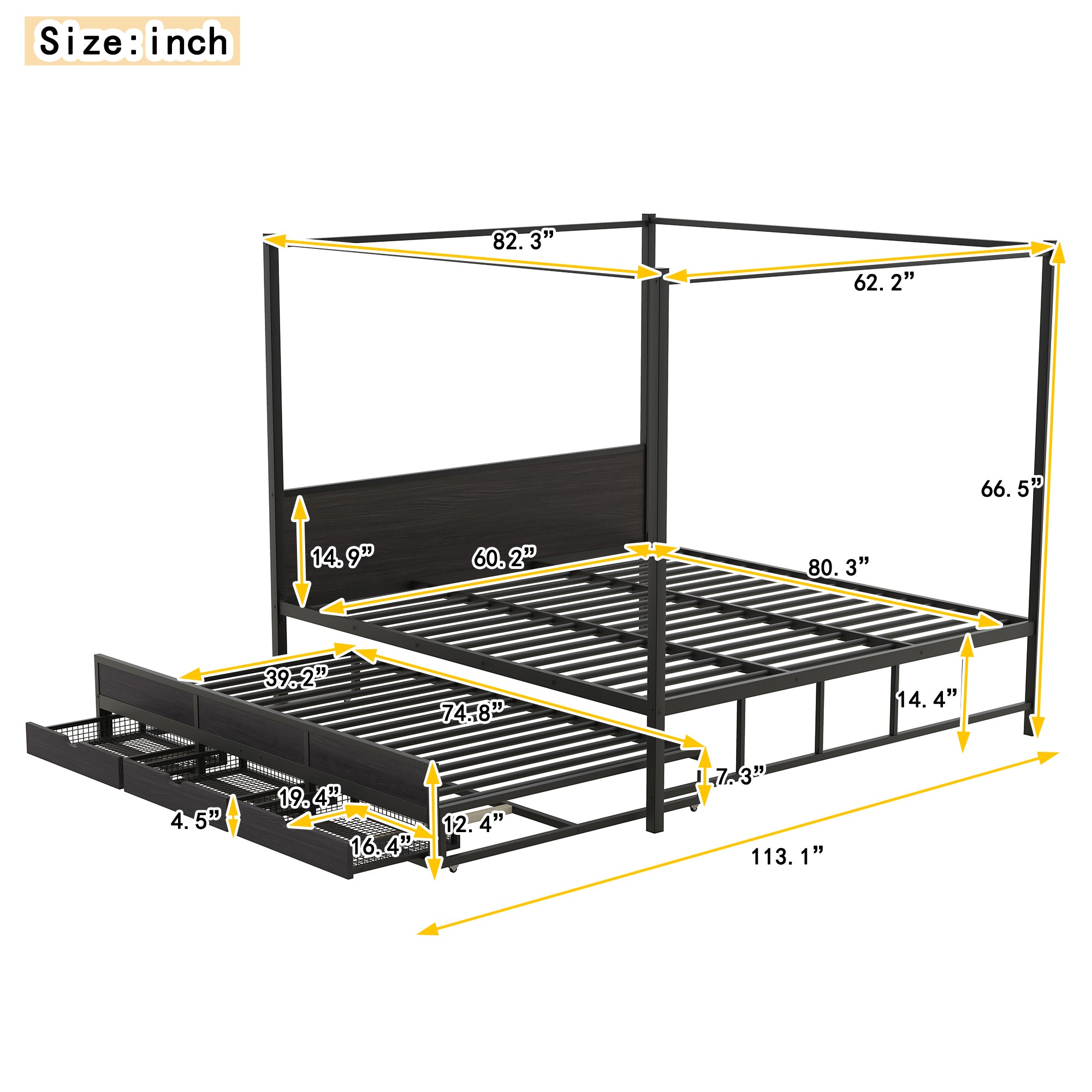 Queen Size Metal Canopy Platform Bed with Twin Size Trundle and 3 Storage Drawers, Black
