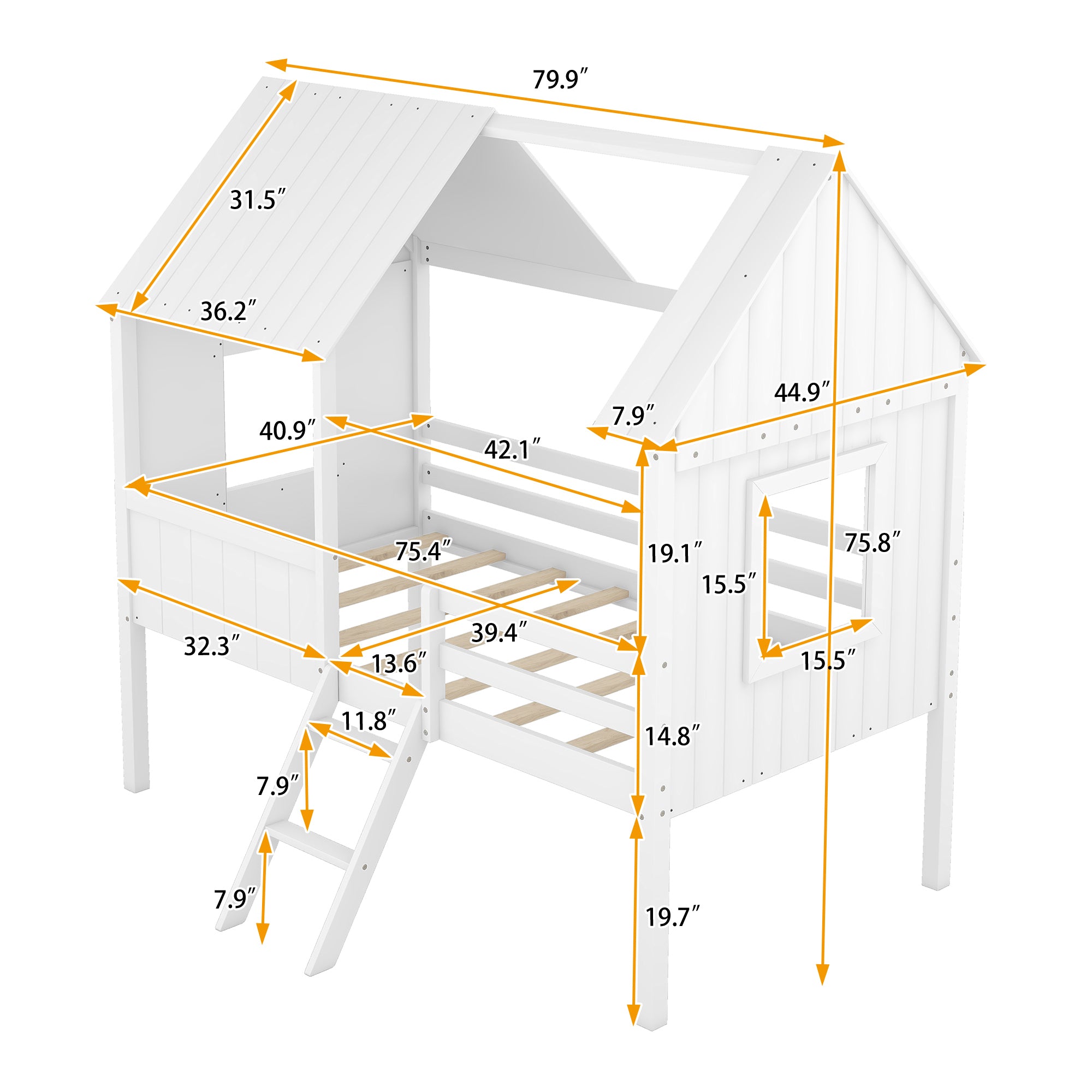 Twin Size Low Loft Wood House Bed with Two Side Windows (White)(OLD SKU: LP000037AAK)