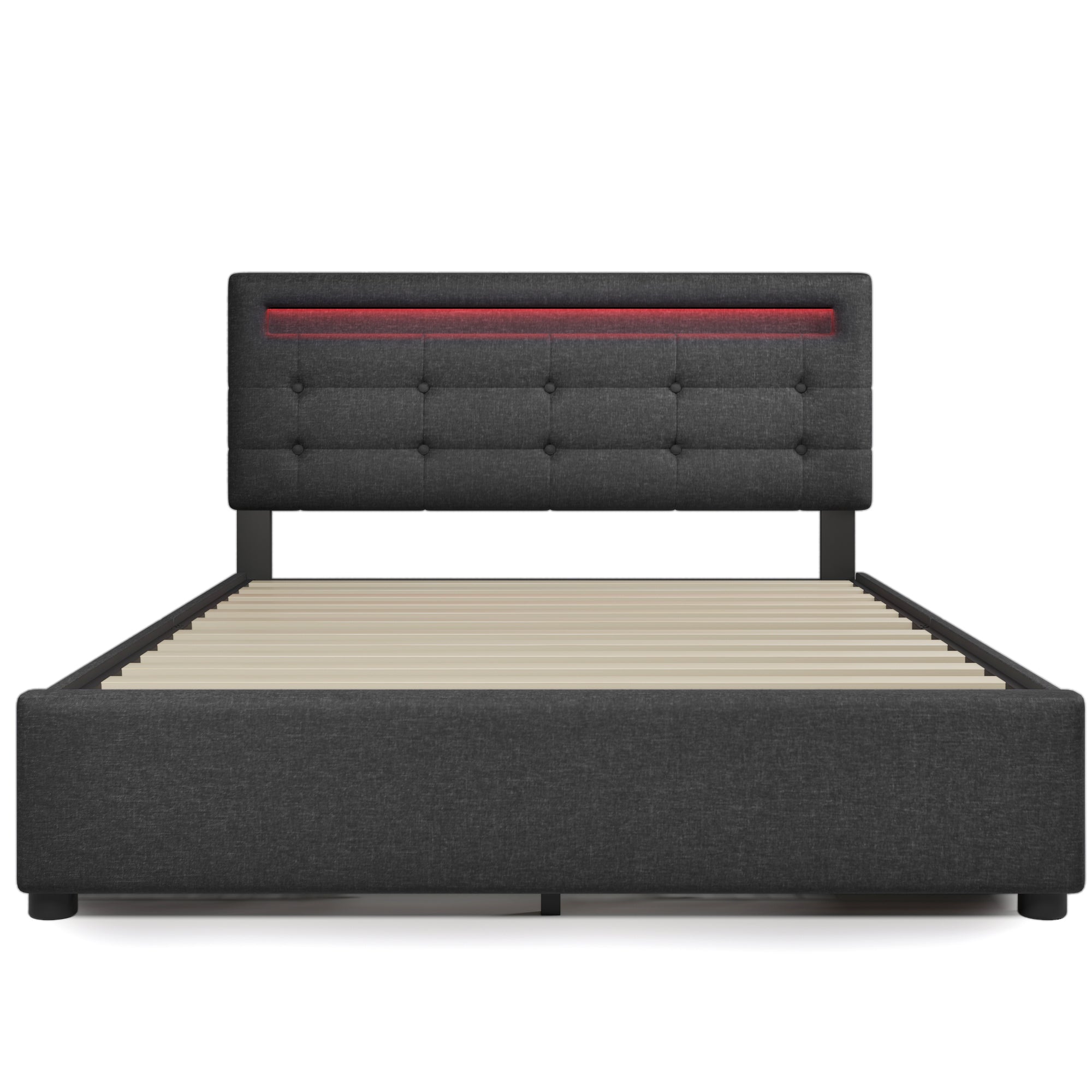 Bed Frame Full Size, Upholstered Platform Bed Frame with 4 Storage Drawers and LED Lights & Adjustable Headboard,No Box Spring Needed,Grey