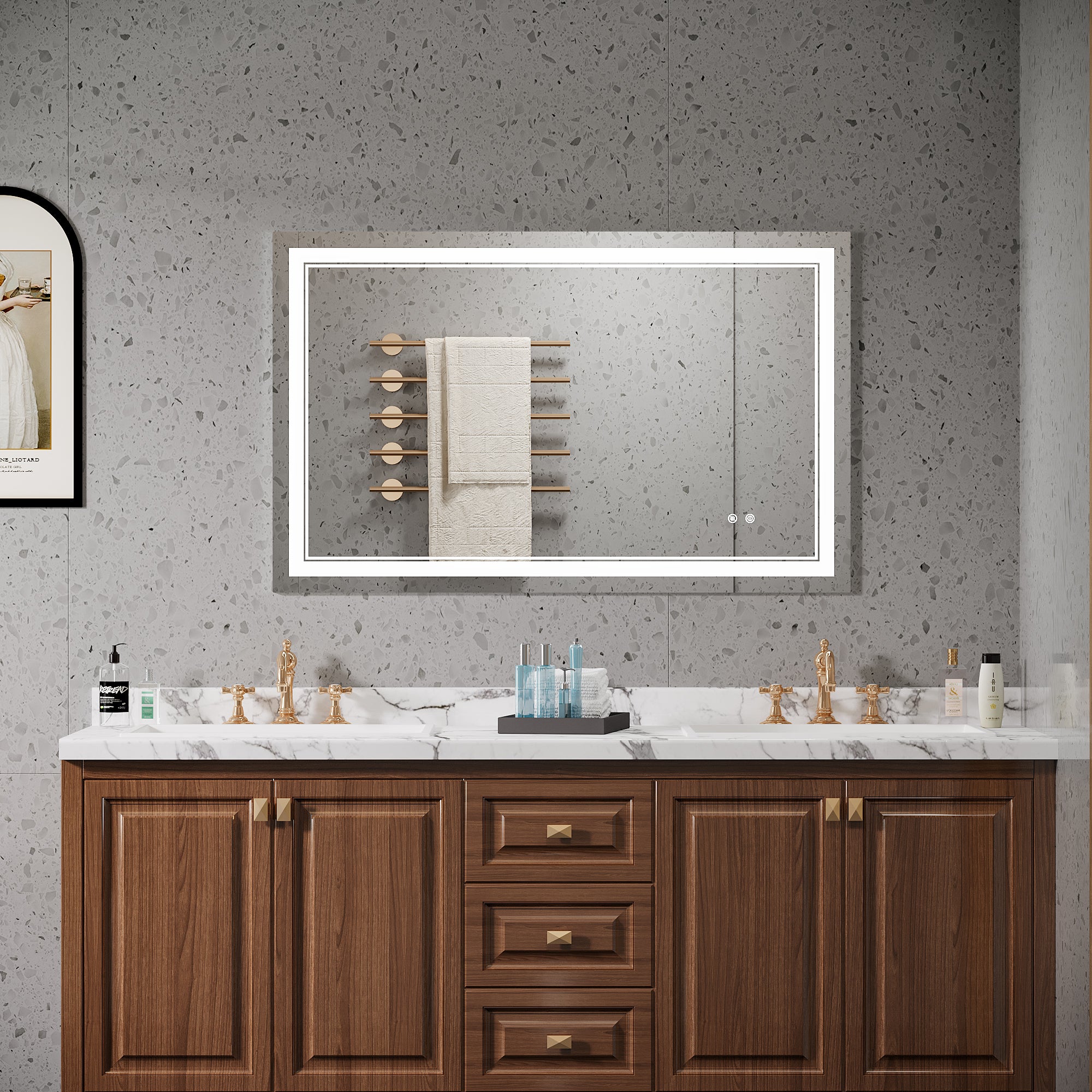48×30 inch LED-Lit bathroom tempered mirror, wall mounted anti-fog memory Adjustable Brightness front light Rectangular Vanity mirror