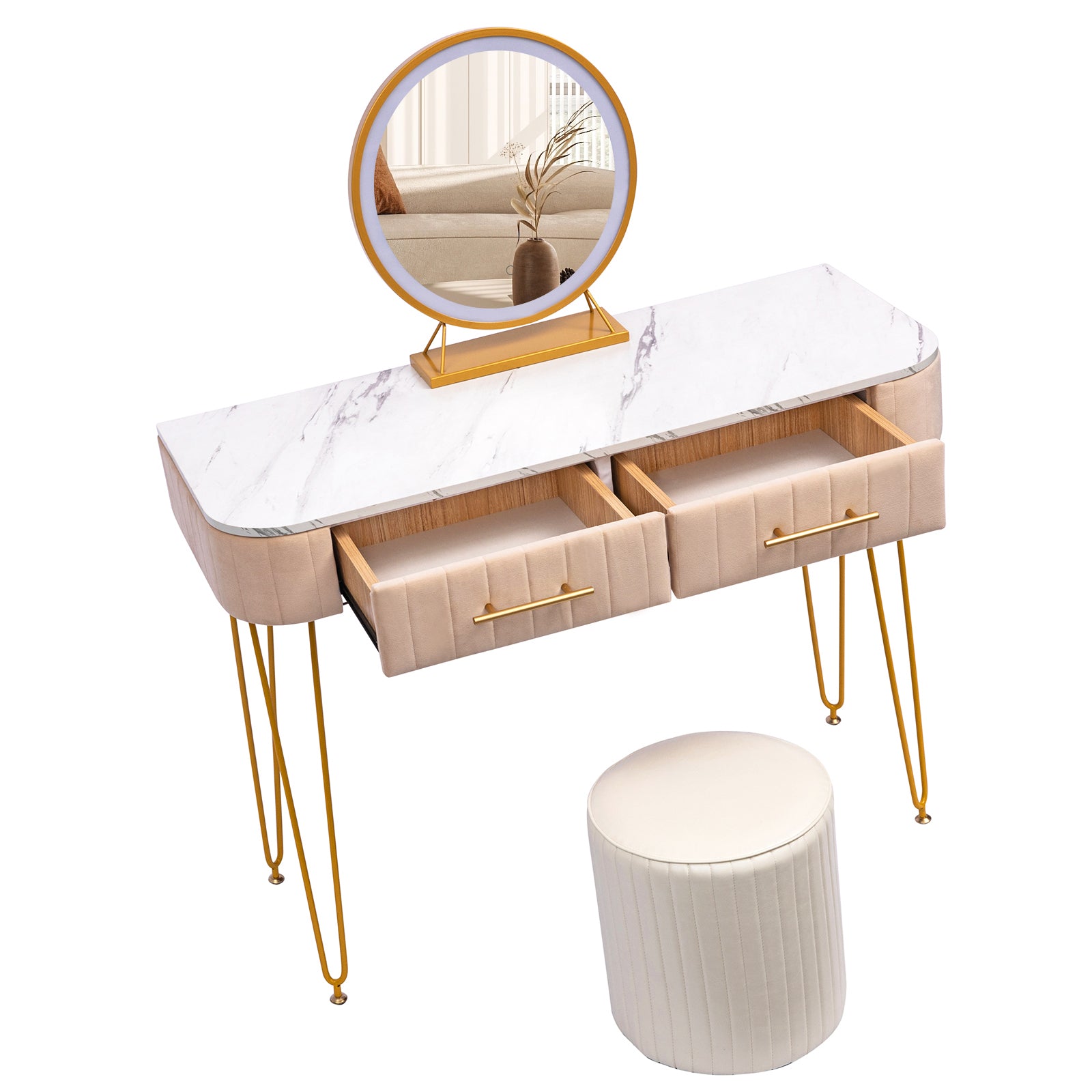 CRAZY ELF 16 Inch Diameter LED Metal Frame Vanity Mirror, Three Brightness Adjustable, Touch Switch, Fashionable Golden Metal Bracket.
