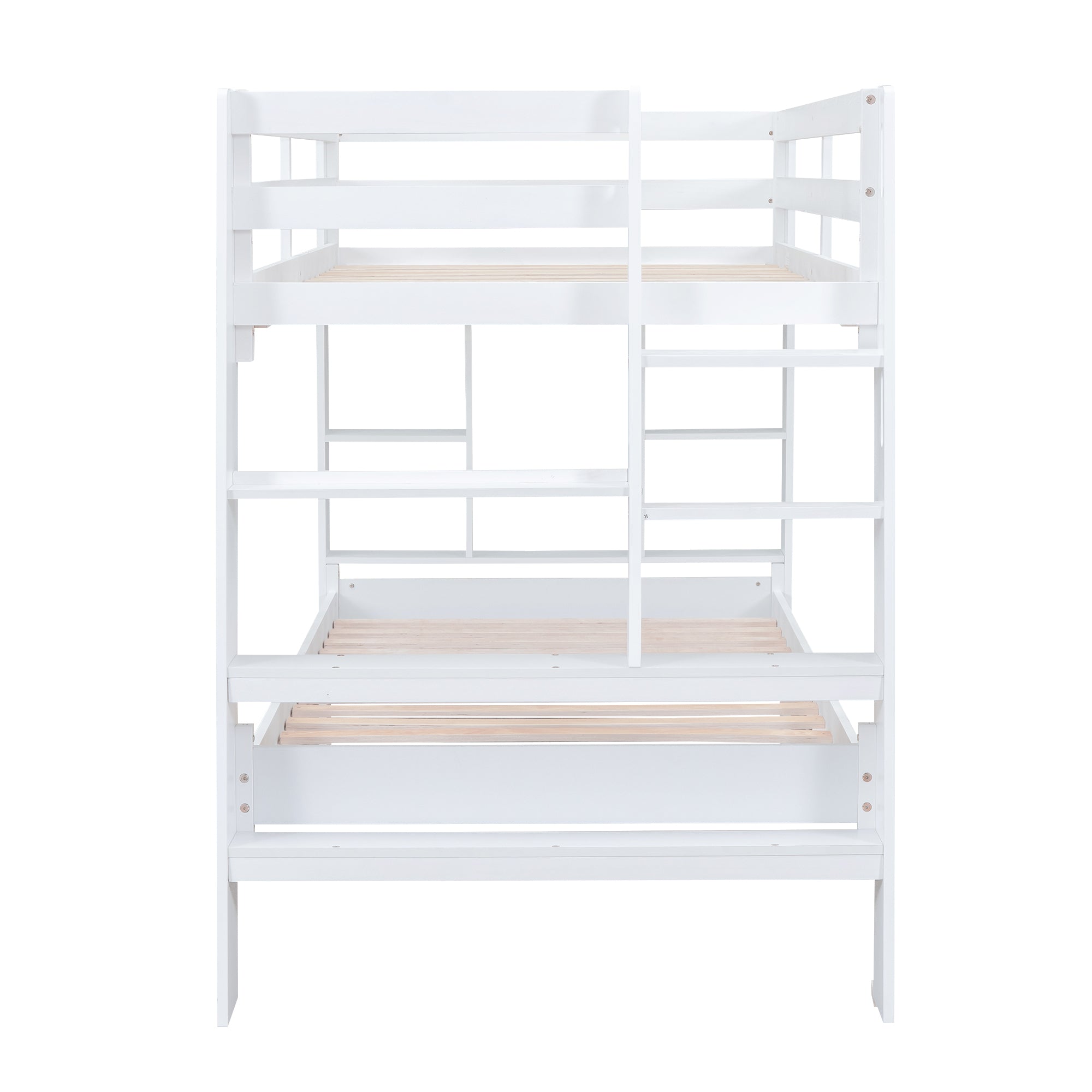 Twin over Twin Bunk Bed with Shelves and Built-in Ladder, White