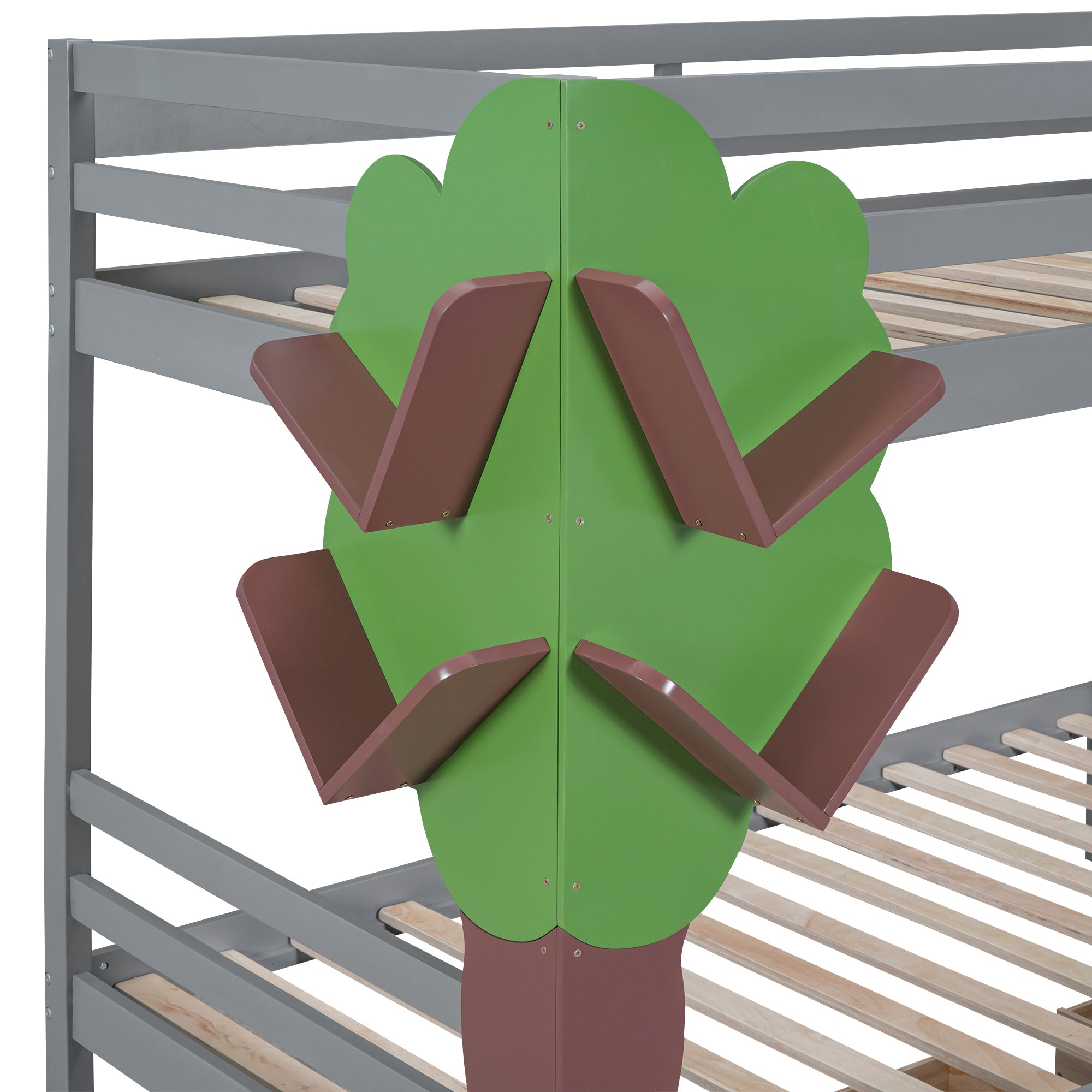 Twin-Over-Twin Bunk Bed with a Tree Decor and Two Storage Drawers, Gray