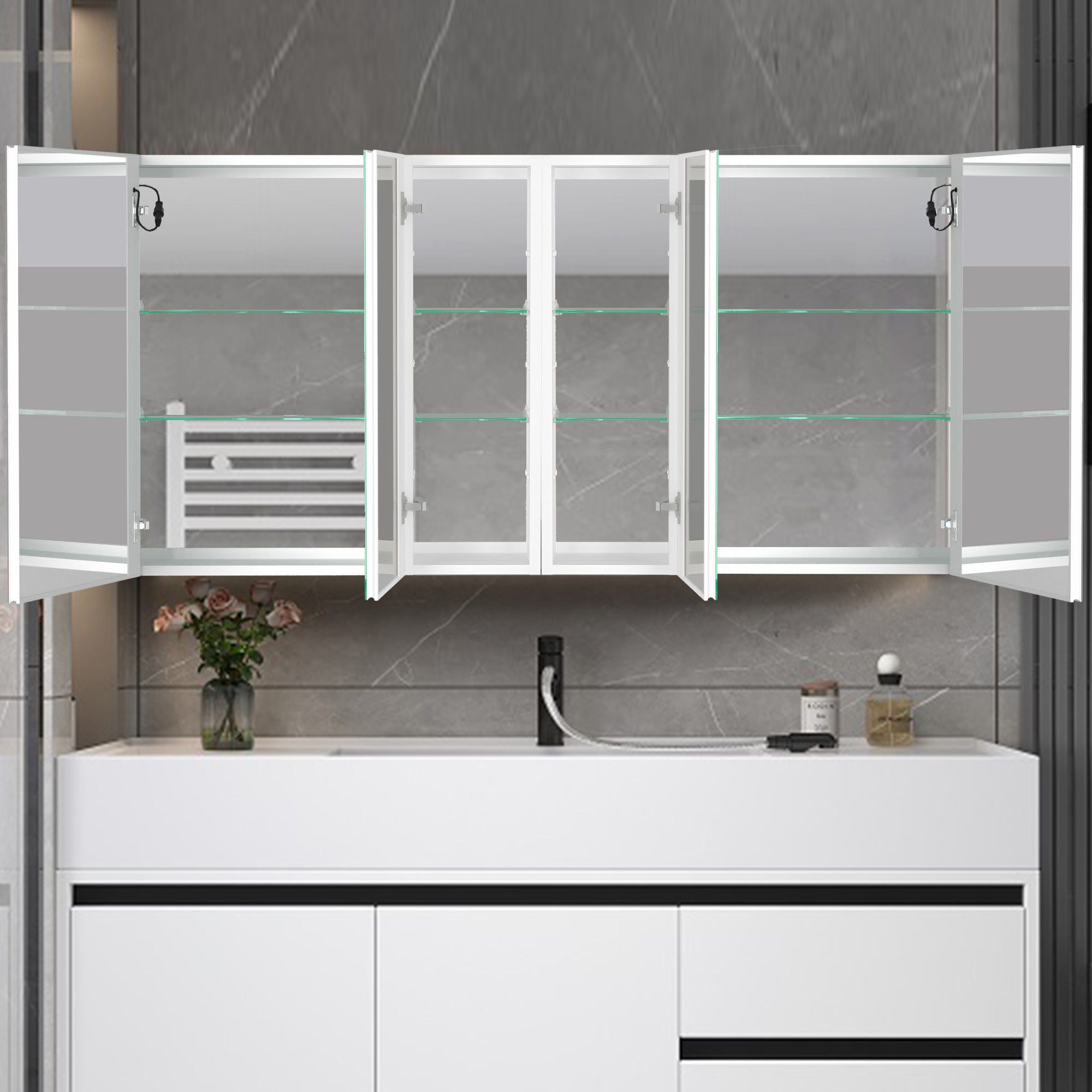 60x30 Inch LED Bathroom Medicine Cabinet Surface Mount Double Door Lighted Medicine Cabinet, Medicine Cabinets for Bathroom with Mirror Defogging, Dimmer White