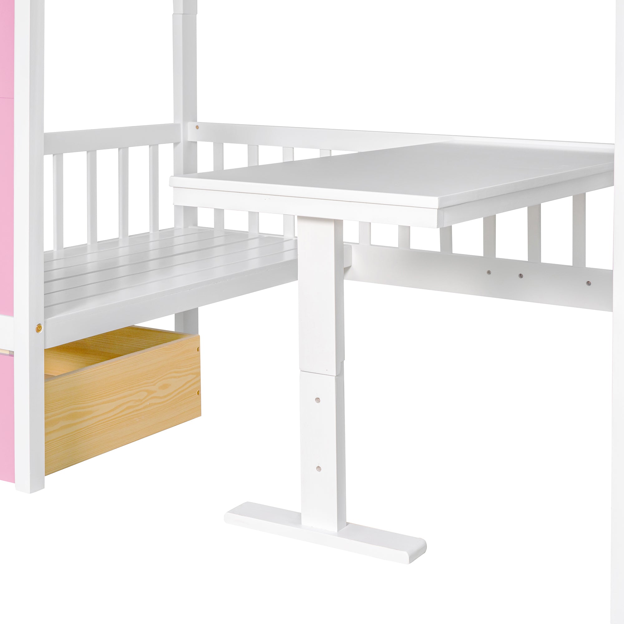 Twin-Over-Twin Bunk Bed with Changeable Table , Bunk Bed Turn into Upper Bed and Down Desk with 2 Drawers - Pink