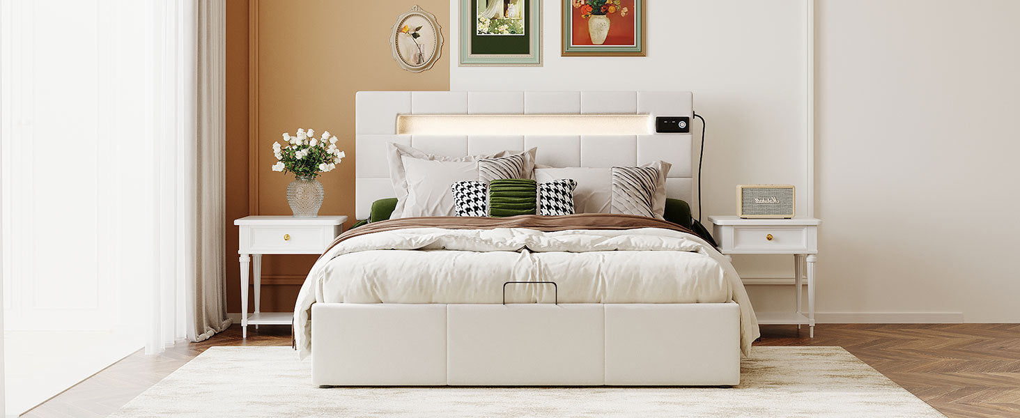 Full Size Upholstered Bed with LED Light and Integrated Bluetooth Audio System, Modern Platform Bed with Hydraulic Storage System and USB Port, Velvet , Beige