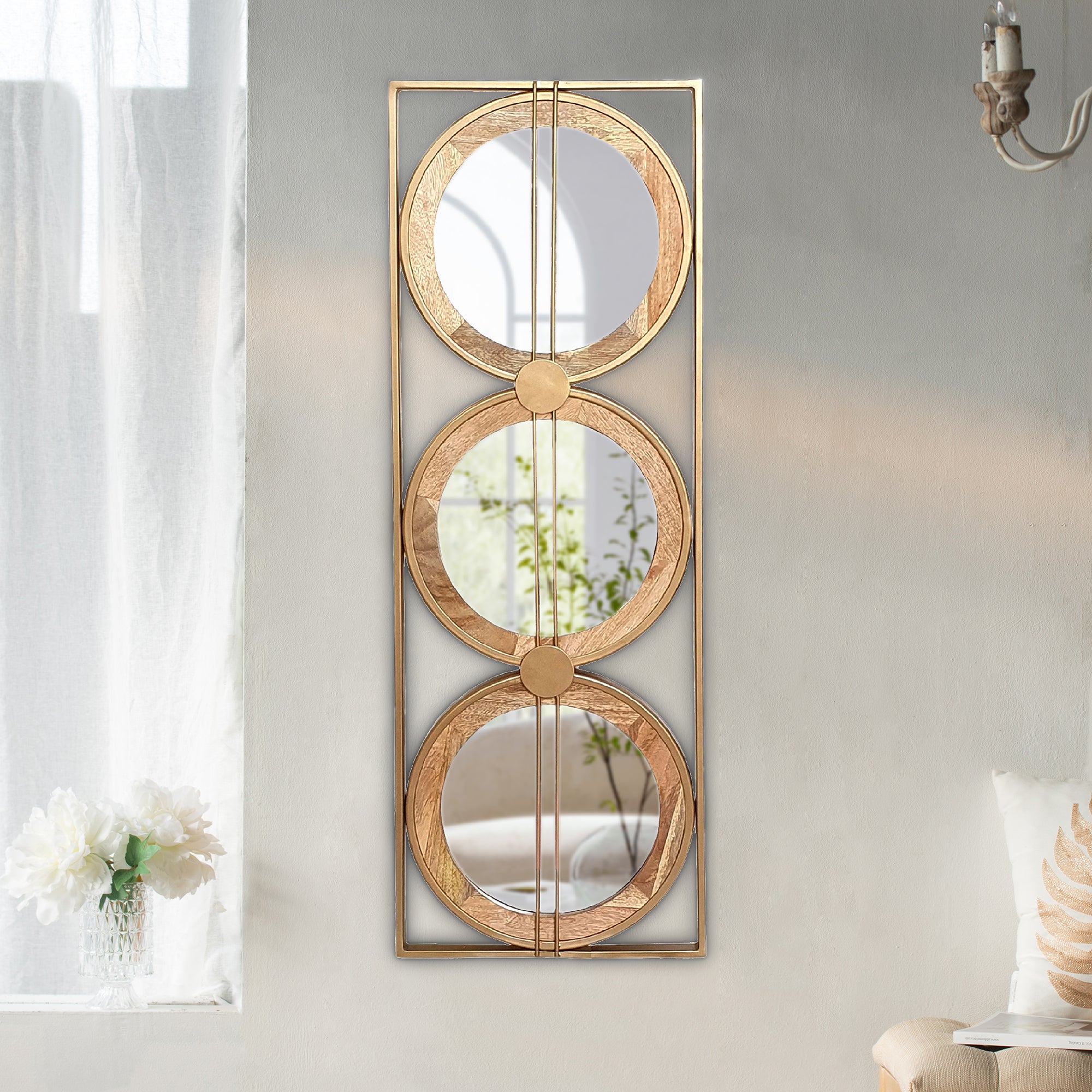 3 Mirror Piece Wall Mirror in Gold Rectangular Frame, Home Wall Decor for Bedroom Living Room, 40"x14"