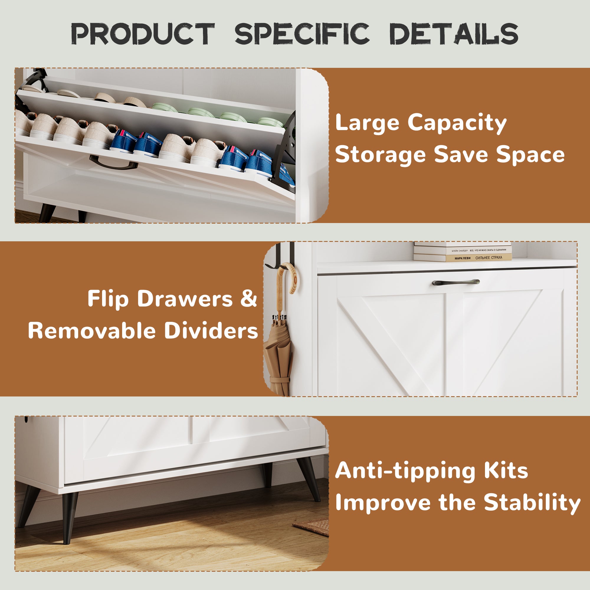 Farmhouse Shoe Rack, Freestanding Shoe Cabinet with 2 Flip Drawers for Entryway