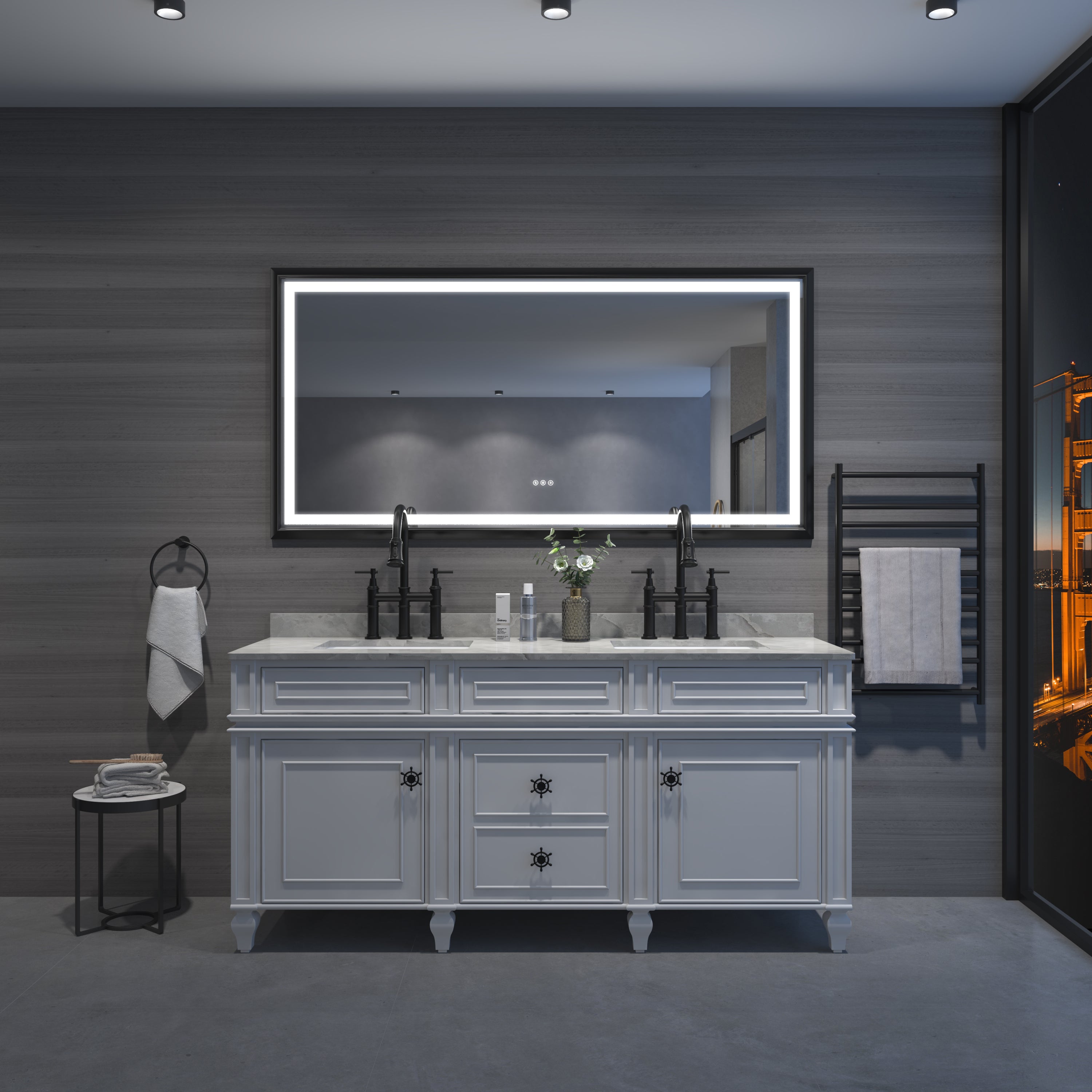 bathroom led mirror is multi-functional and each function is controlled by a smart touch button.