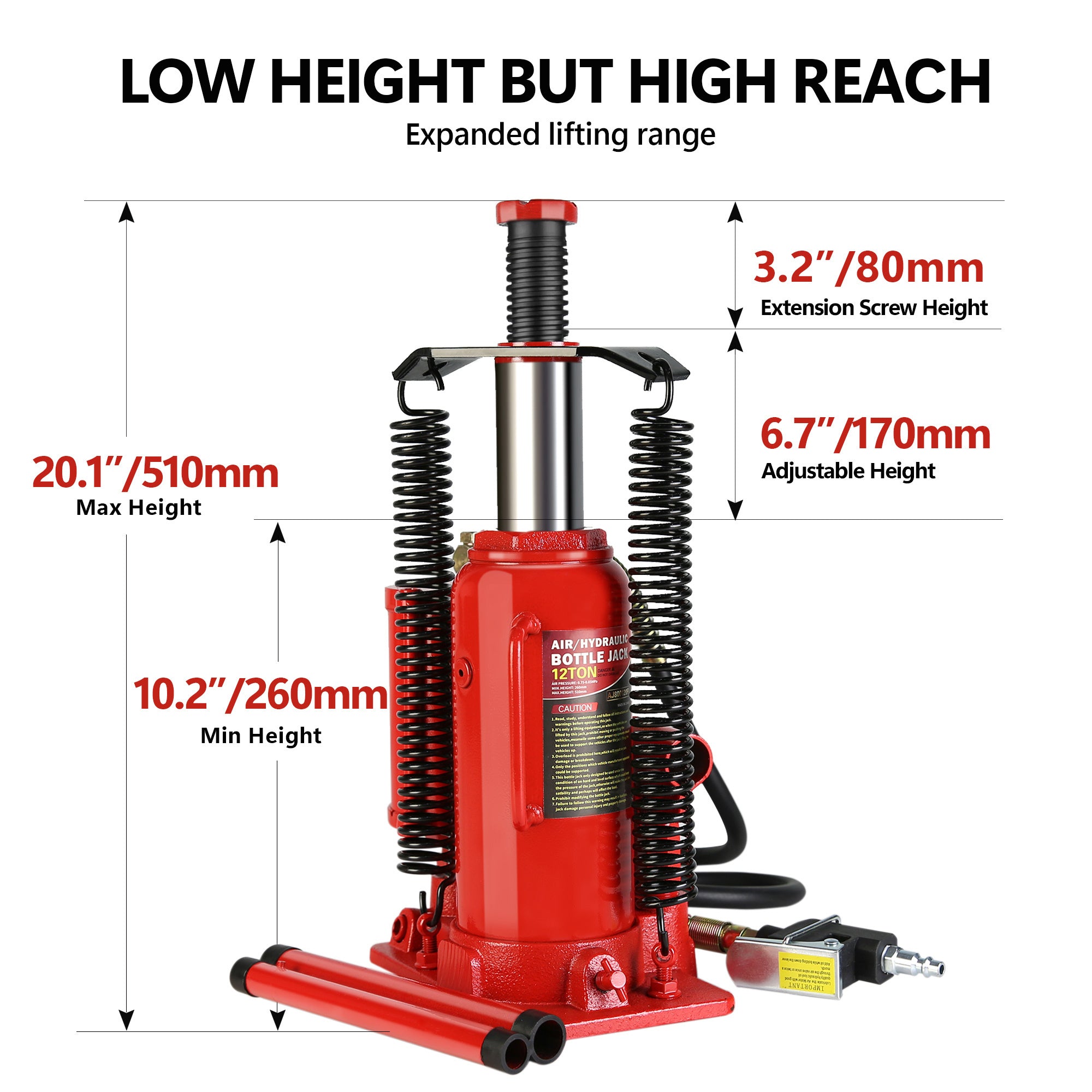 Air Hydraulic Bottle Jack, 12 Ton All Welded Bottle Jack, 10.2-20.1 inch Lifting Range, with 2-Section Long Handle, for Car, Pickup Truck, Truck, RV, Auto Repair, Industrial Engineering