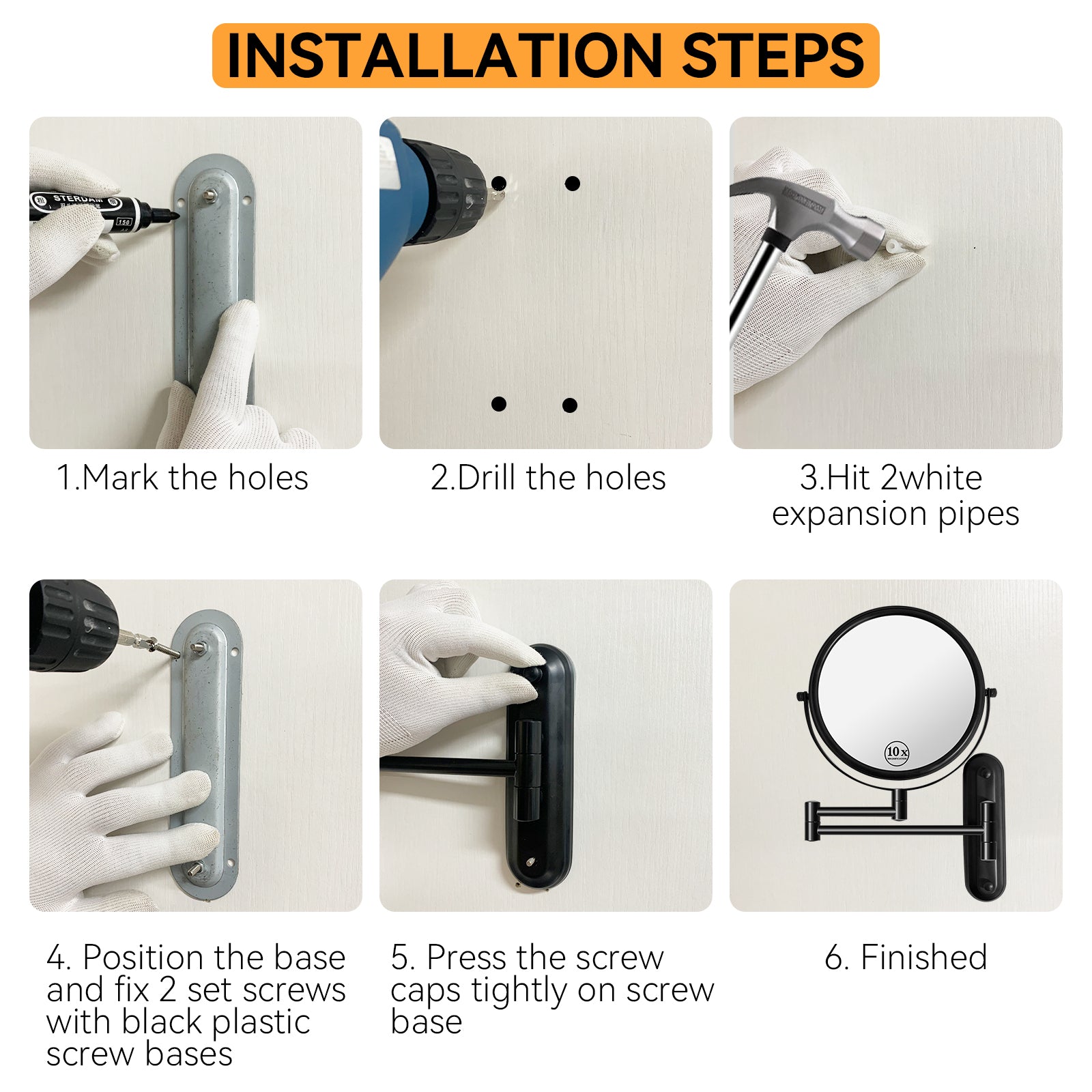 8 Inch Wall Mounted Makeup Vanity Mirror, Double Sided 1x/10x Magnifying Mirror, 360° Swivel with Extension Arm Bathroom Mirror (Black)