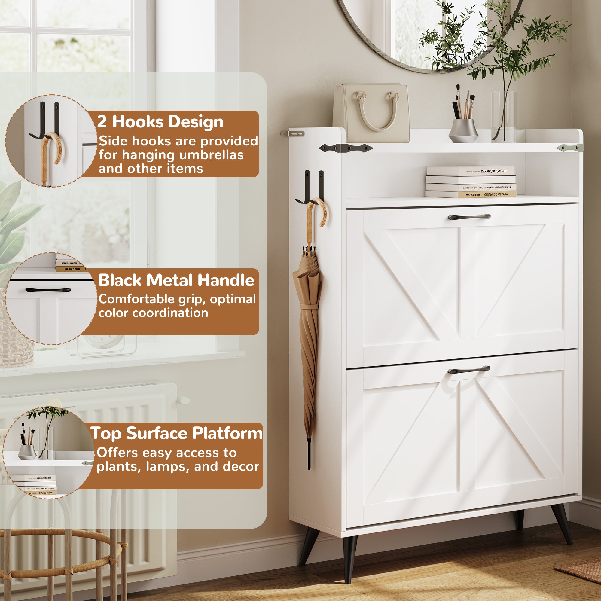 Farmhouse Shoe Rack, Freestanding Shoe Cabinet with 2 Flip Drawers for Entryway