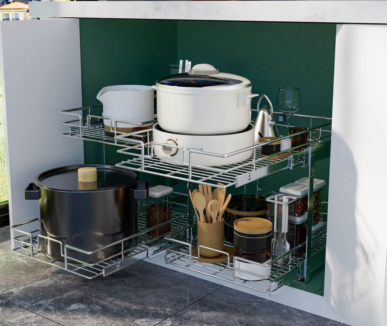 2 Tier Individual Pull Out Drawers For Kitchen Cabinets 21.5"D x 13.5"W x 15.3"H