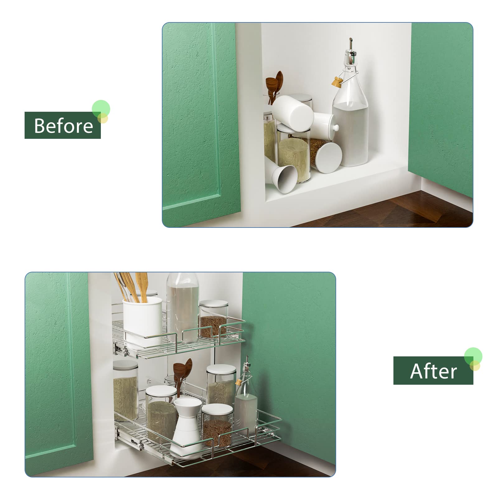 2 Tier Individual Pull Out Drawers For Kitchen Cabinets 21.5"D x 13.5"W x 15.3"H