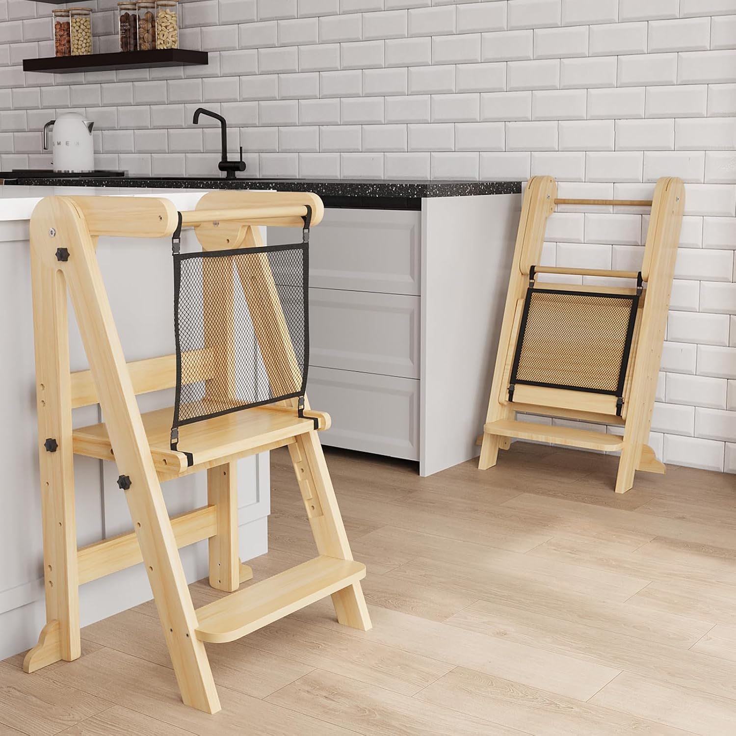 Foldable Toddler Kitchen Tower, 3 Adjustable Height Wooden Step Stool, Toddler Standing Tower with Safety Net