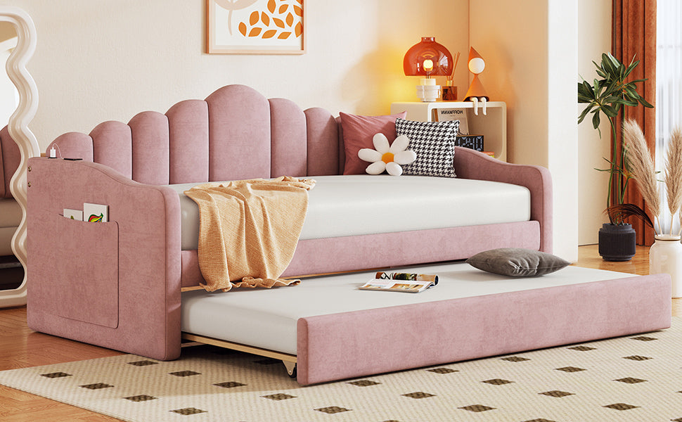 Twin size Upholstered Daybed with Trundle ,Velvet Sofabed with USB Charging Ports,No Box-spring Needed,Pink