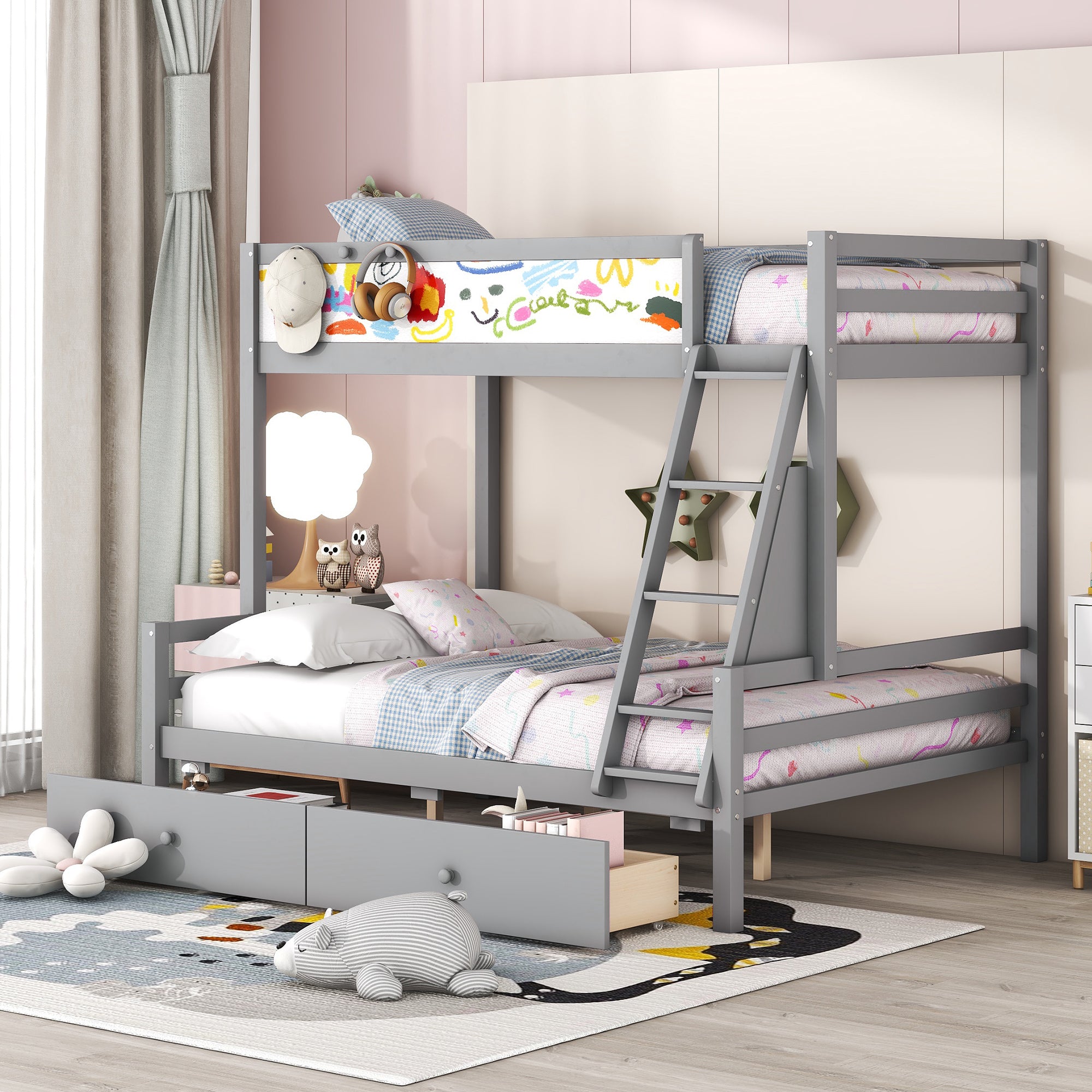Wood Twin over Full Bunk Bed with Whiteboard, 3 Hooks and 2 Drawers, Grey