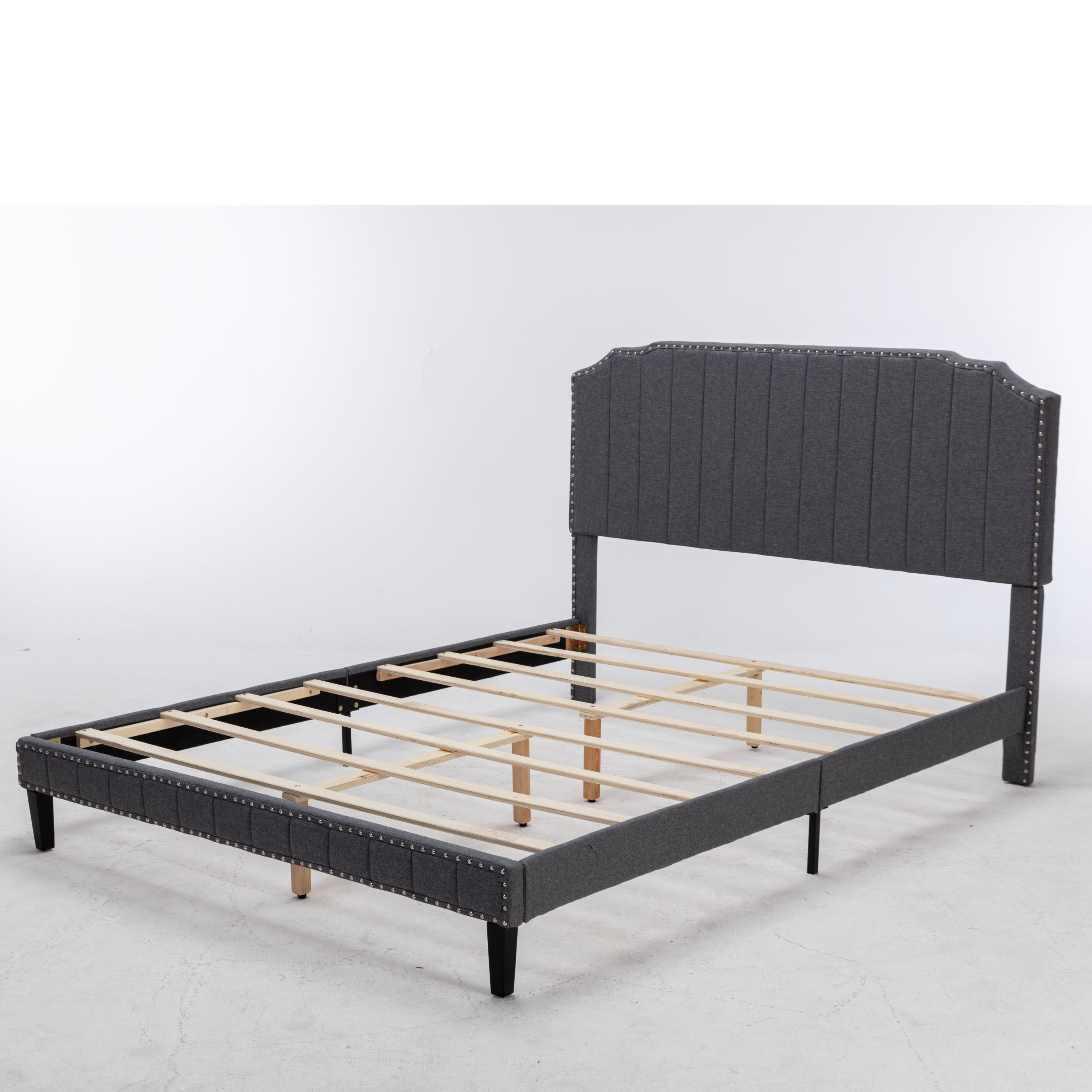 DongHeng Queen Size Bed with Headboard, Modern Linen Curved Upholstered Platform Bed , Solid Wood Frame , Nailhead Trim, Gray