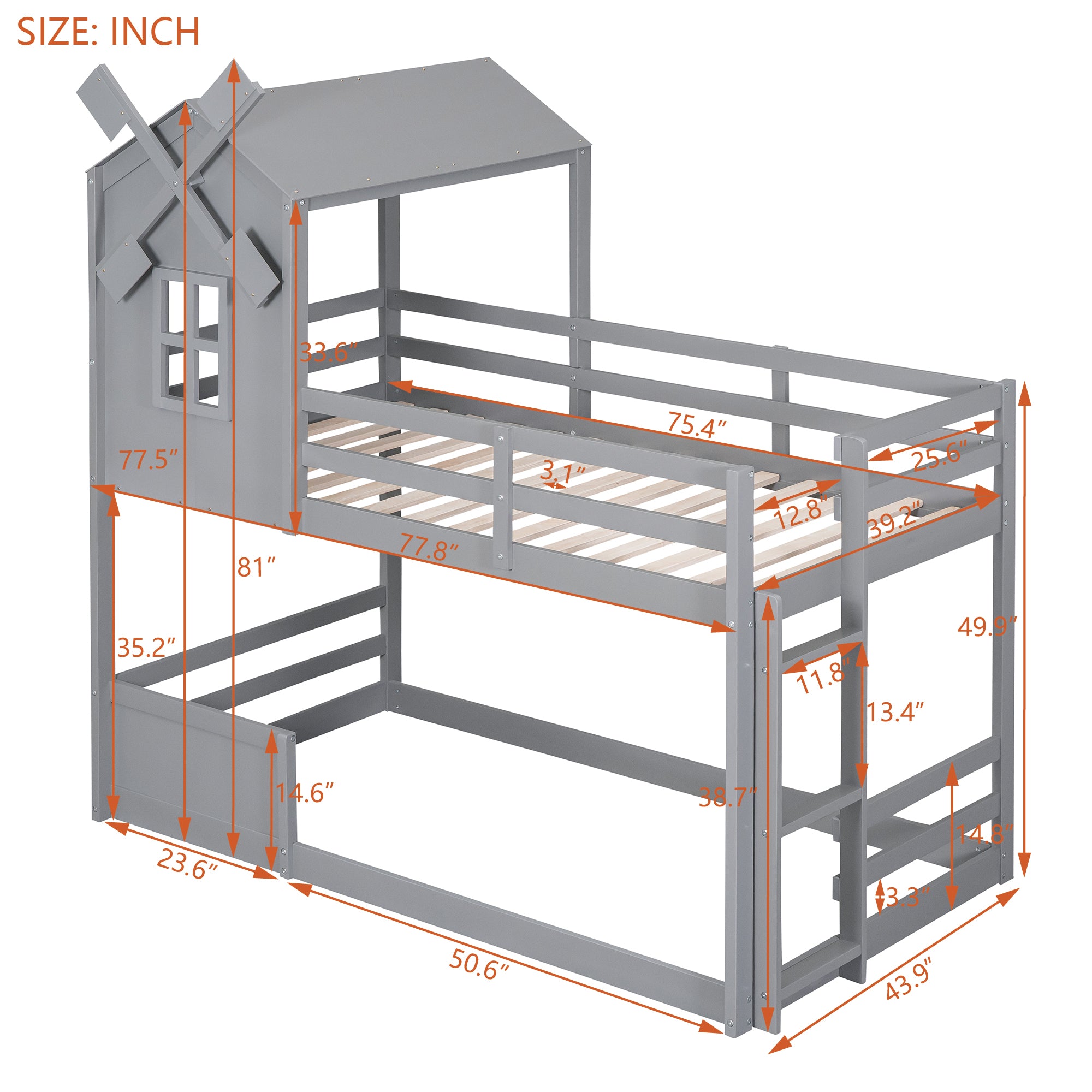 Twin over Twin Bunk Bed with Roof and Window, with Guardrails and Ladder, Gray