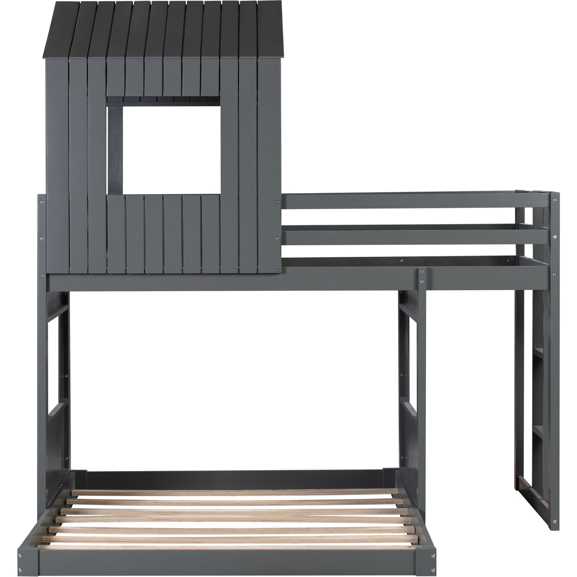 Wooden Twin Over Full Bunk Bed, Loft Bed with Playhouse, Farmhouse, Ladder and Guardrails , Gray( old sku: LT000027AAN )