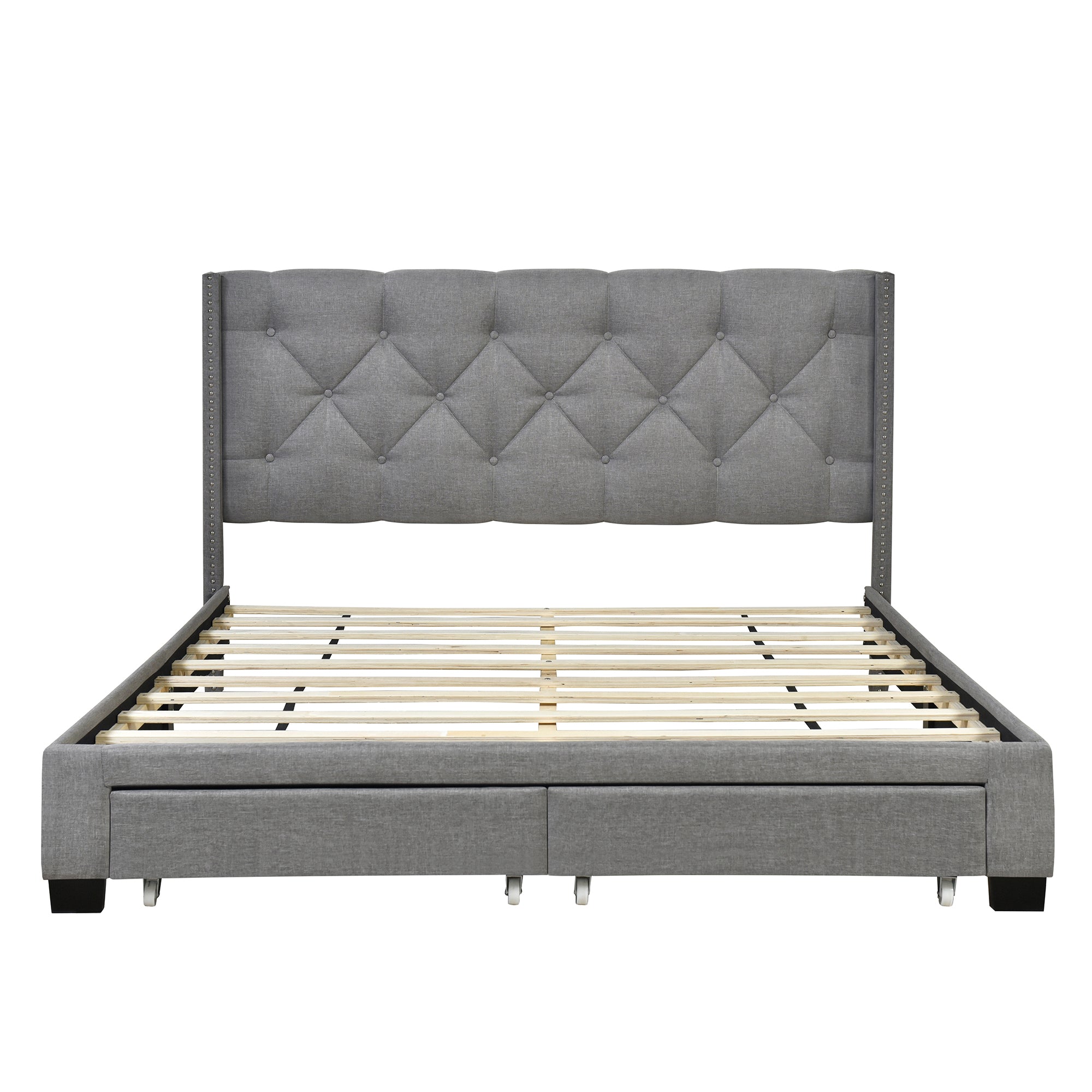 Queen Size Storage Bed Linen Upholstered Platform Bed with Two Drawers - Gray