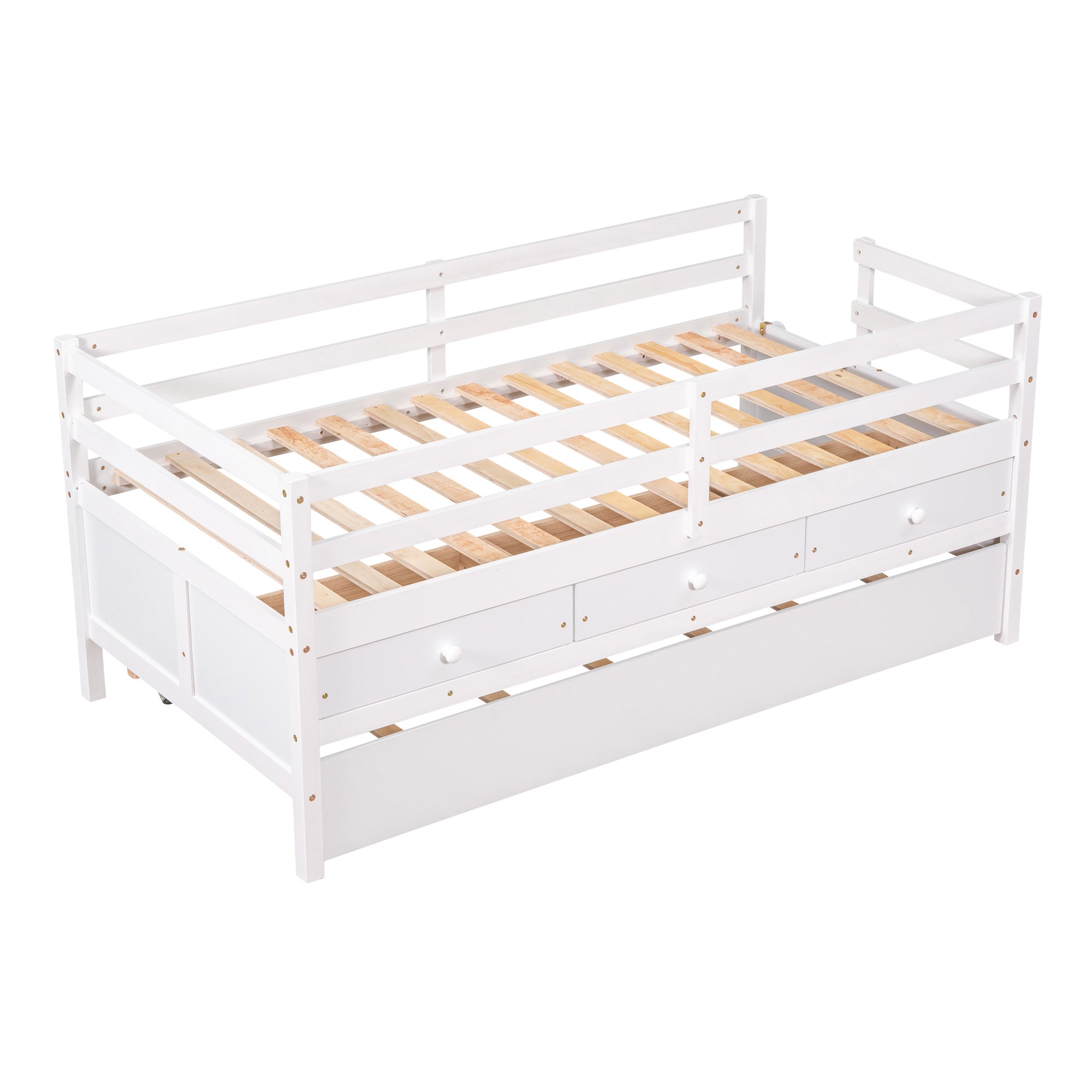 Low Loft Bed Twin Size with Full Safety Fence, Climbing ladder, Storage Drawers and Trundle White Solid Wood Bed