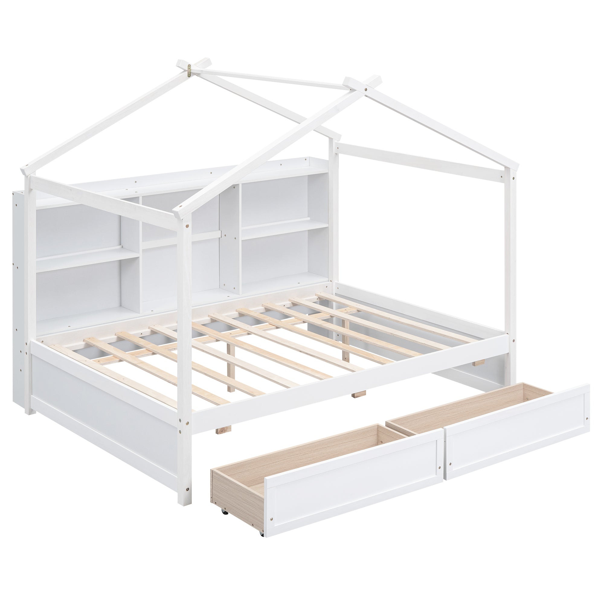Full Size House Bed with Storage Shelves and 2 Drawers, Brushed White