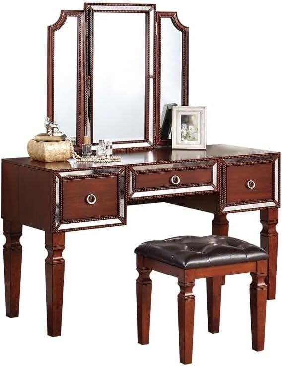 Luxurious Majestic Classic Cherry Color Vanity Set w Stool 3- Storage Drawers 1pc Bedroom Furniture Set Tri-Fold Mirror