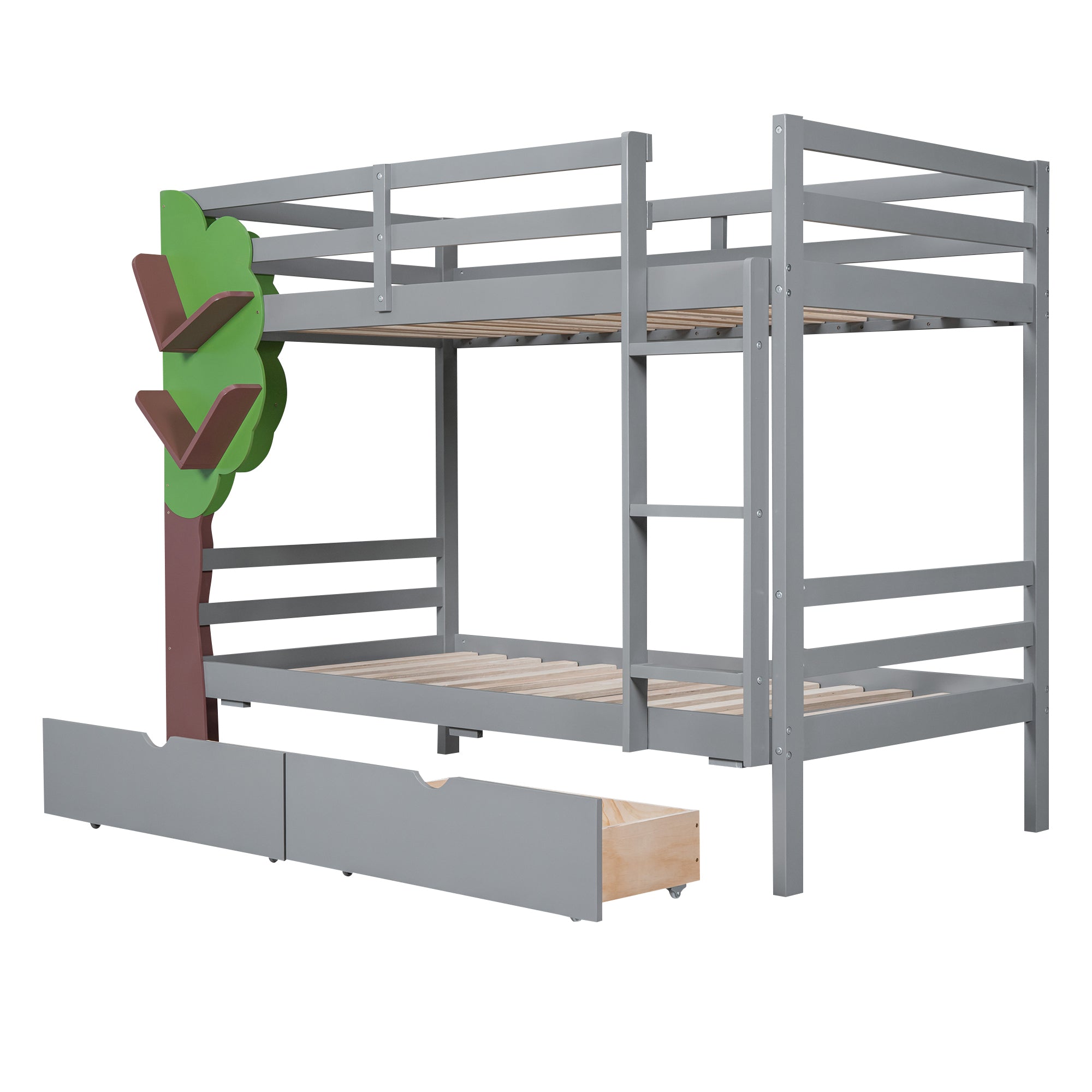 Twin-Over-Twin Bunk Bed with a Tree Decor and Two Storage Drawers, Gray