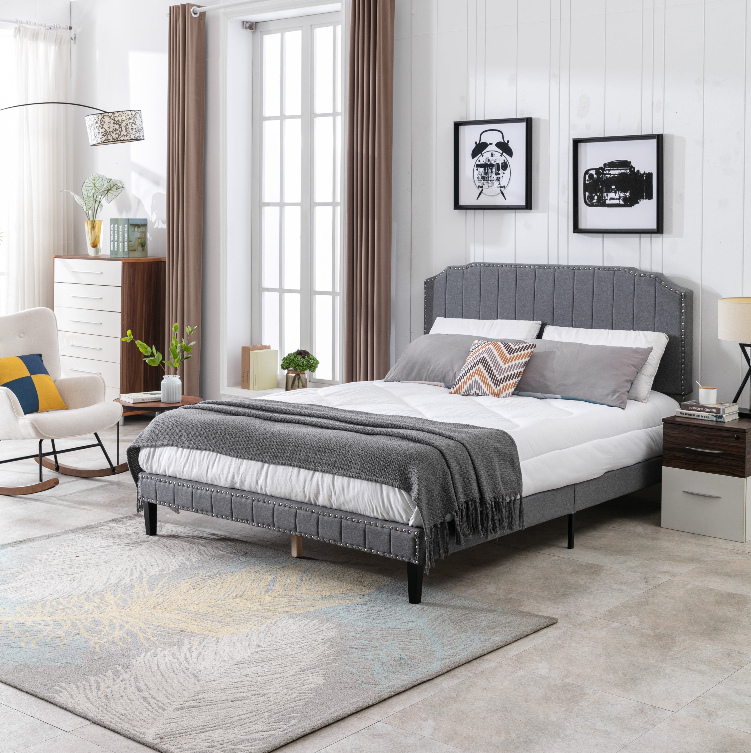 DongHeng Queen Size Bed with Headboard, Modern Linen Curved Upholstered Platform Bed , Solid Wood Frame , Nailhead Trim, Gray