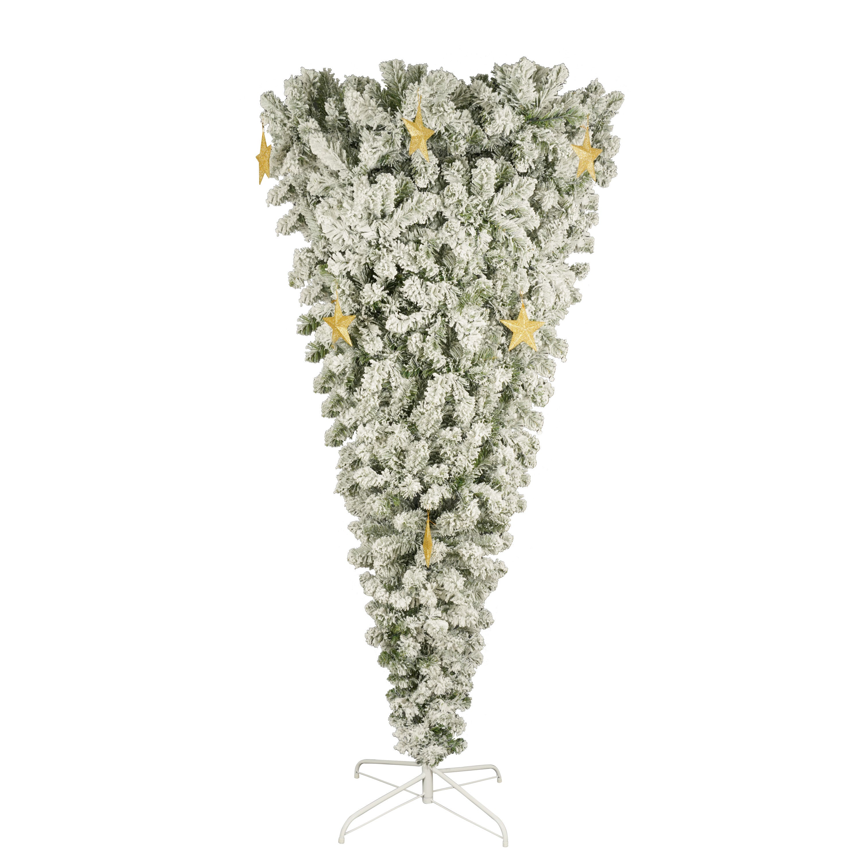 GO 6 FT Upside Down Christmas Tree with White Flocking, 360 LED Warm Lights X-mas and 8 Golden Star Decorations