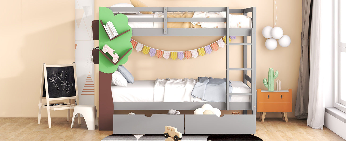Twin-Over-Twin Bunk Bed with a Tree Decor and Two Storage Drawers, Gray