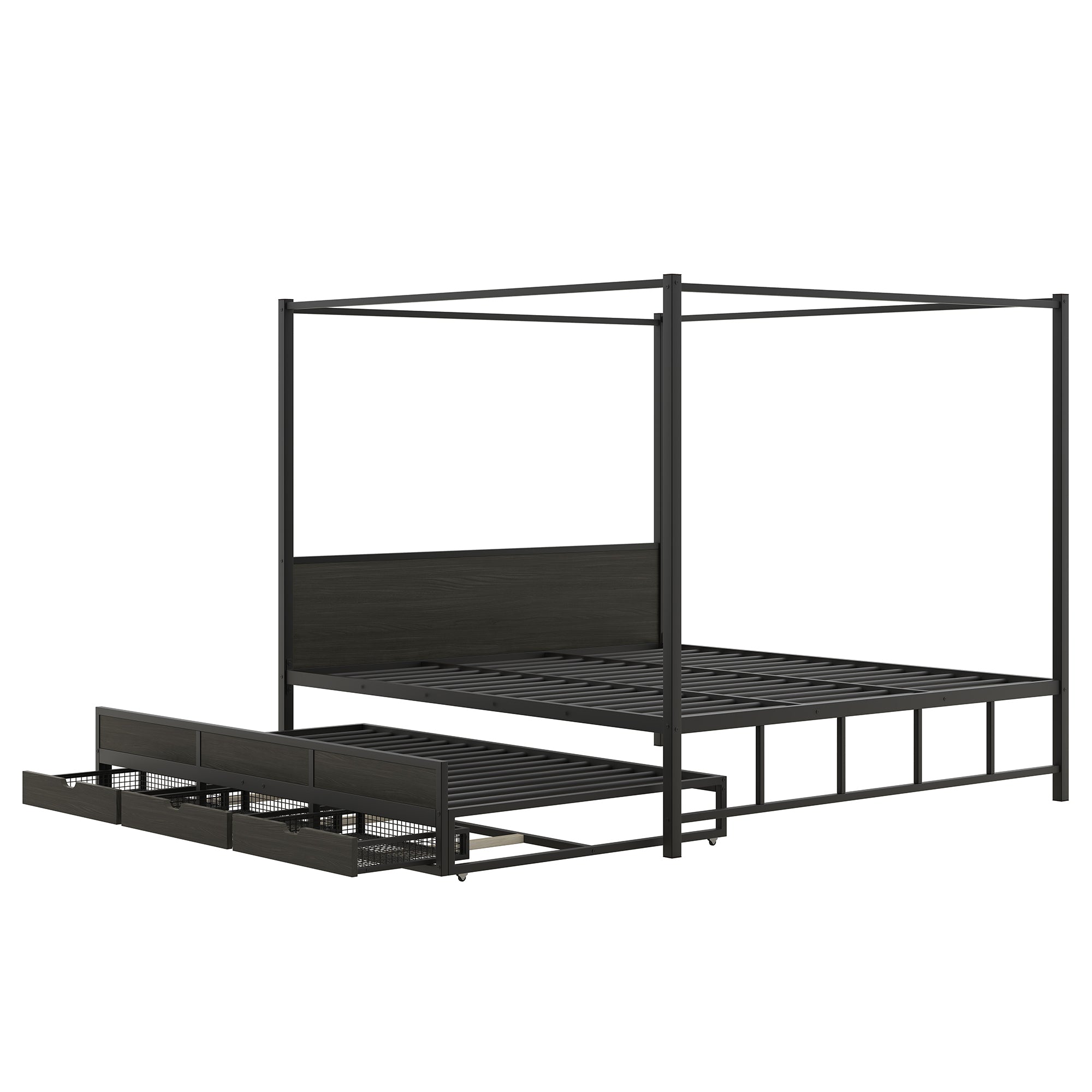 Queen Size Metal Canopy Platform Bed with Twin Size Trundle and 3 Storage Drawers, Black