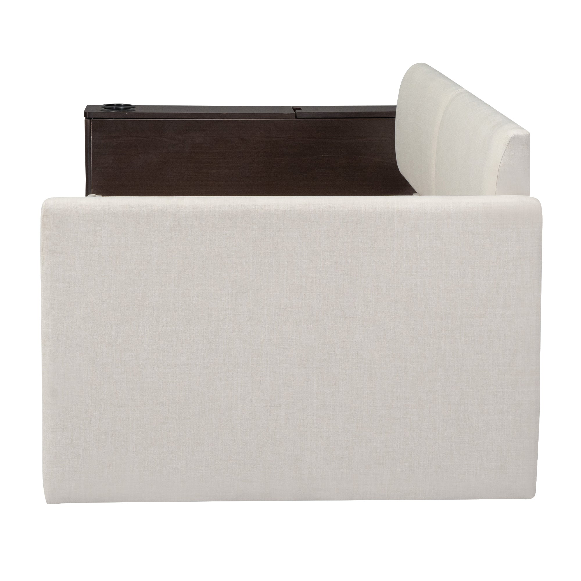 Twin Size Upholstery Daybed with Storage Arm, Trundle, Cup Holder and USB Design, Beige