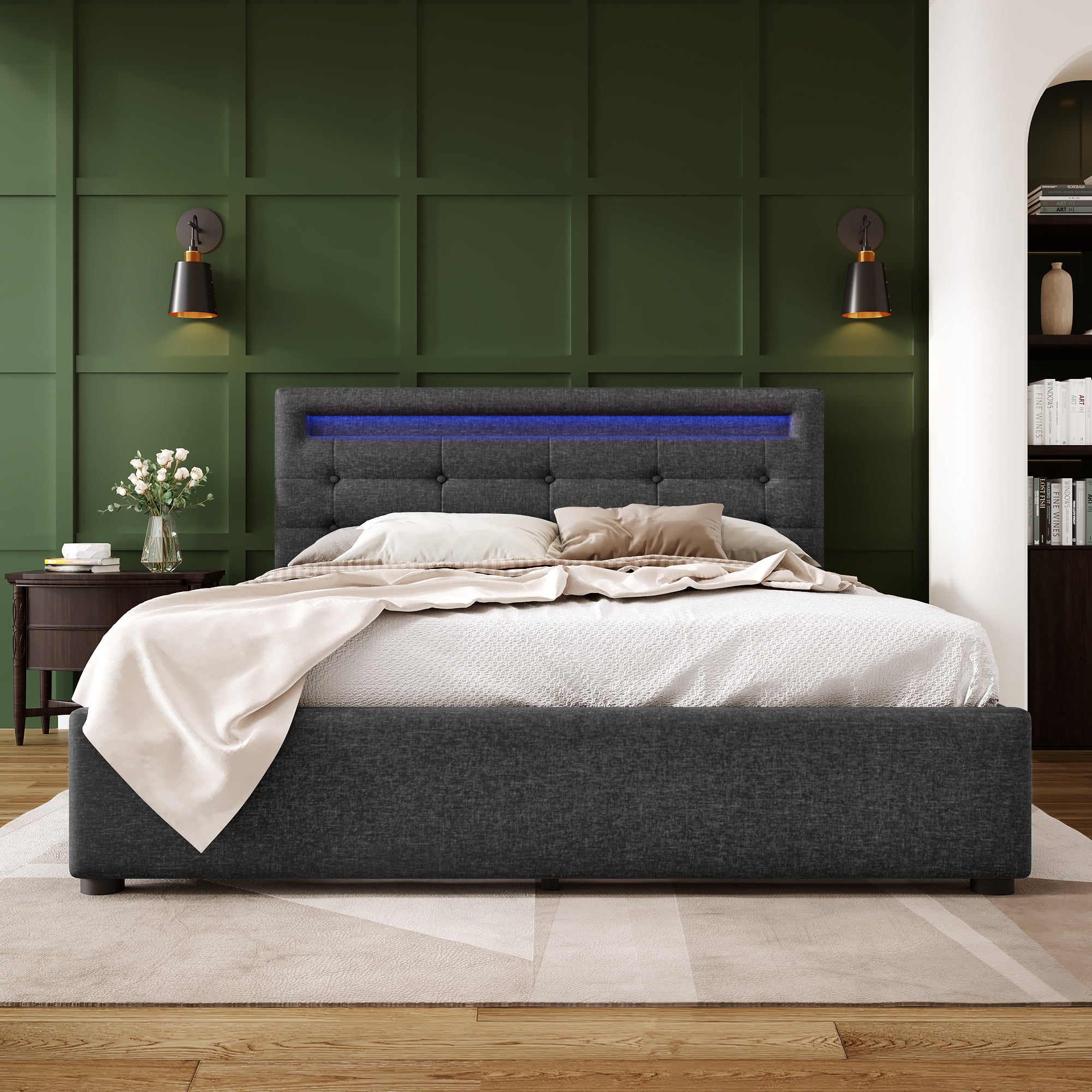 Bed Frame Full Size, Upholstered Platform Bed Frame with 4 Storage Drawers and LED Lights & Adjustable Headboard,No Box Spring Needed,Grey