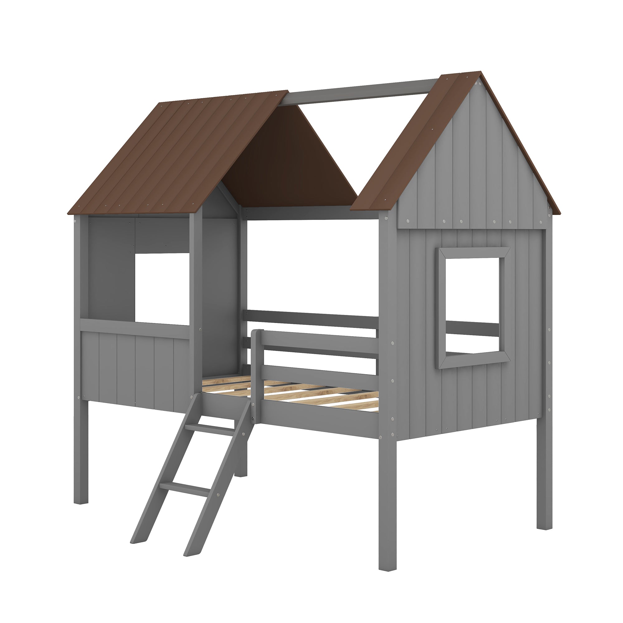 Twin Size Low Loft Wood House Bed with Two Side Windows (Gray +Brown)(OLD SKU: LP000037AAL)