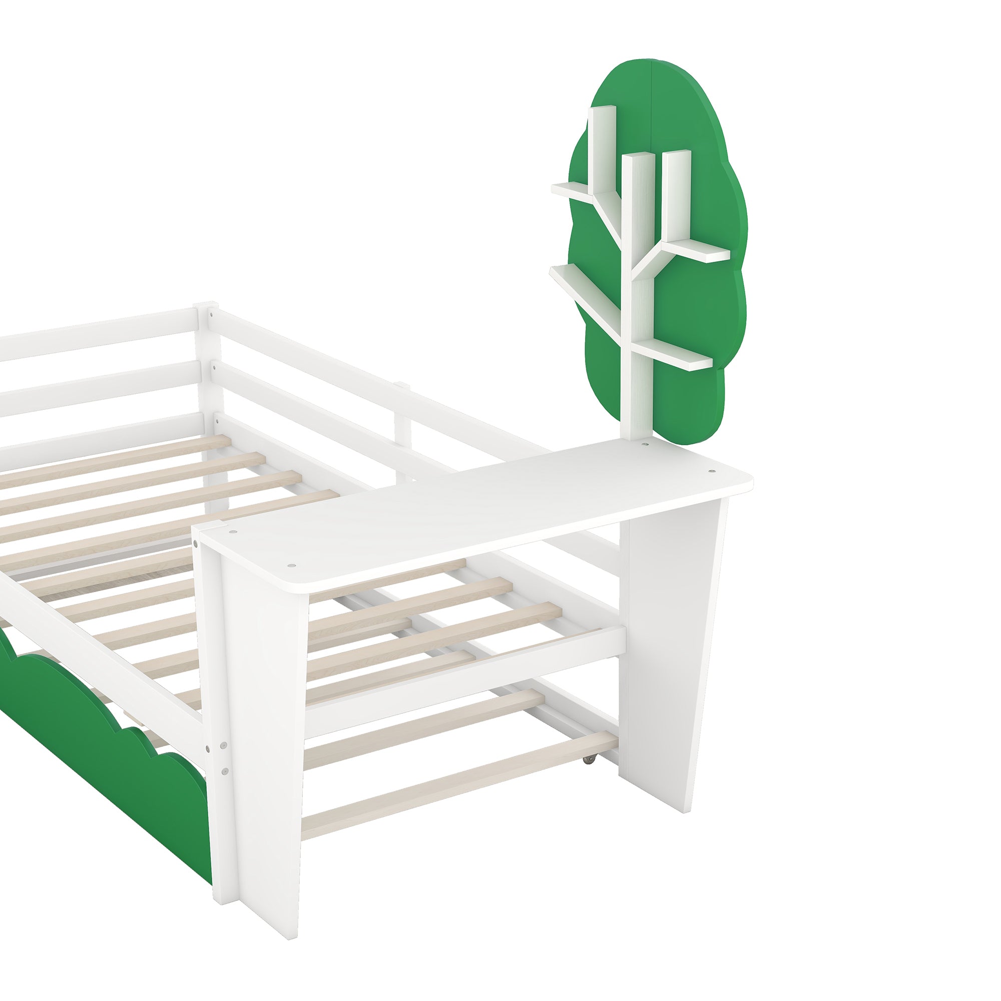 Twin Size Daybed with Desk, Green Tree Shape Shelves and Trundle, White