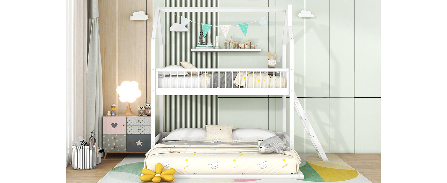Twin Over Twin-Twin House Bunk Bed with Extending Trundle and Ladder