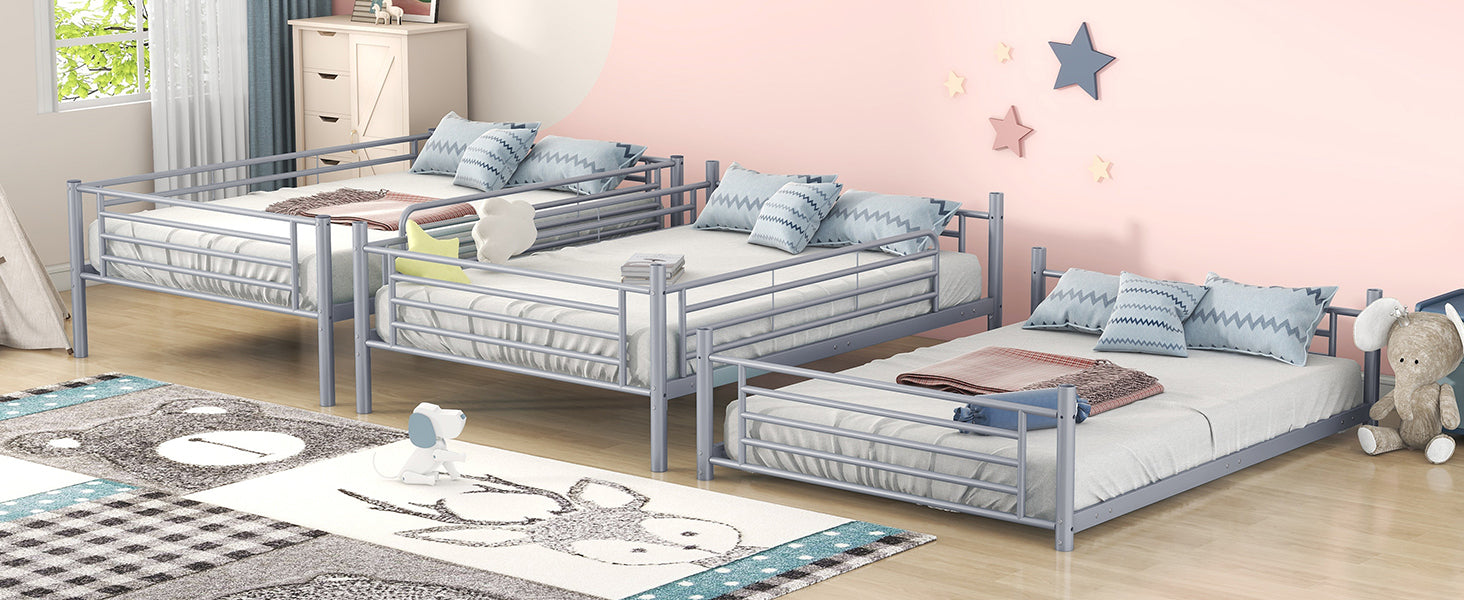 Full-Full-Full Metal Triple Bed with Built-in Ladder, Divided into Three Separate Beds,Gray(OLD SKU:LP000297AAE)