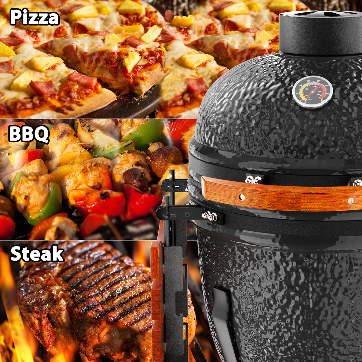 Kamado Portable Charcoal Grill with Side Shelves and Cover