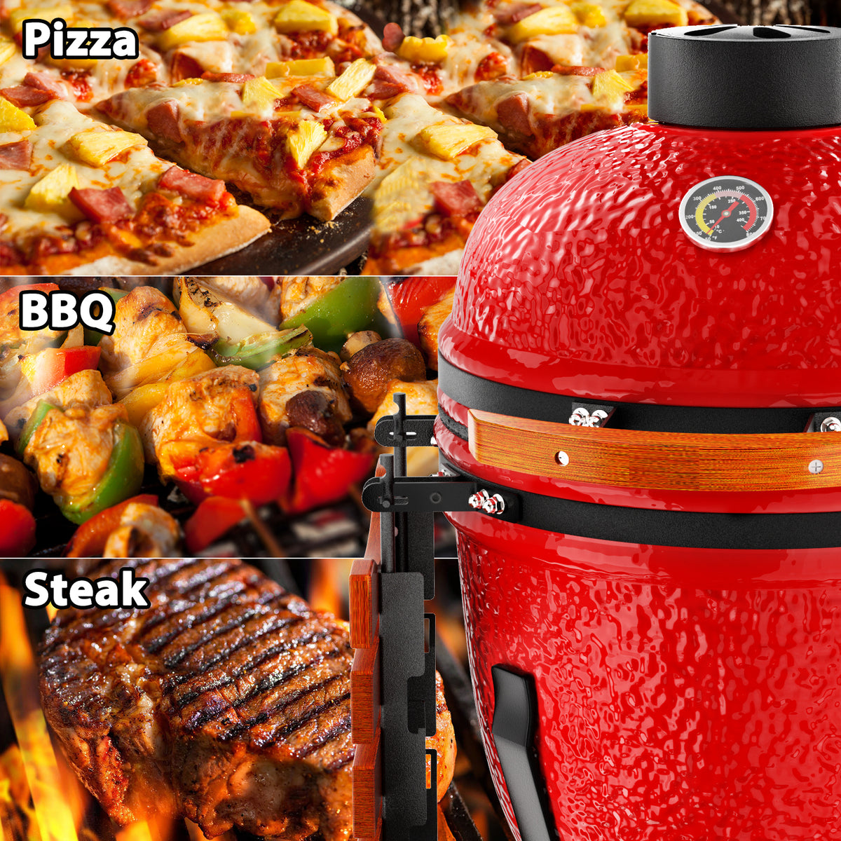 Kamado Portable Charcoal Grill with Side Shelves and Cover