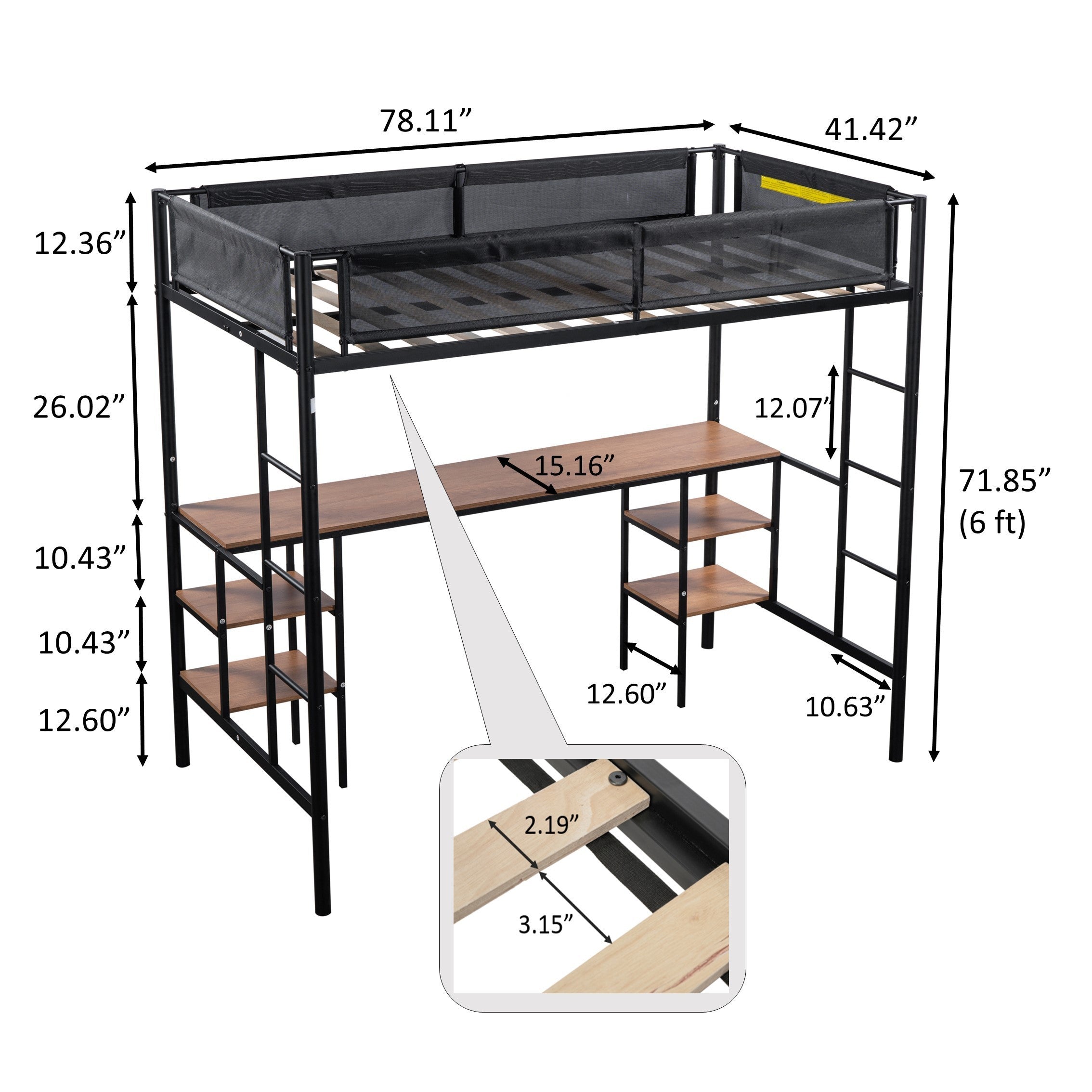 Metal Twin-size Loft Bed with Table & Shelves/ Sturdy Metal Bed Frame/ Noise-free Wood Slat/ Comfortable Textilene Guardrail/ Built-in Table and Shelves/ 2 Side Ladders/ No Box Spring Needed