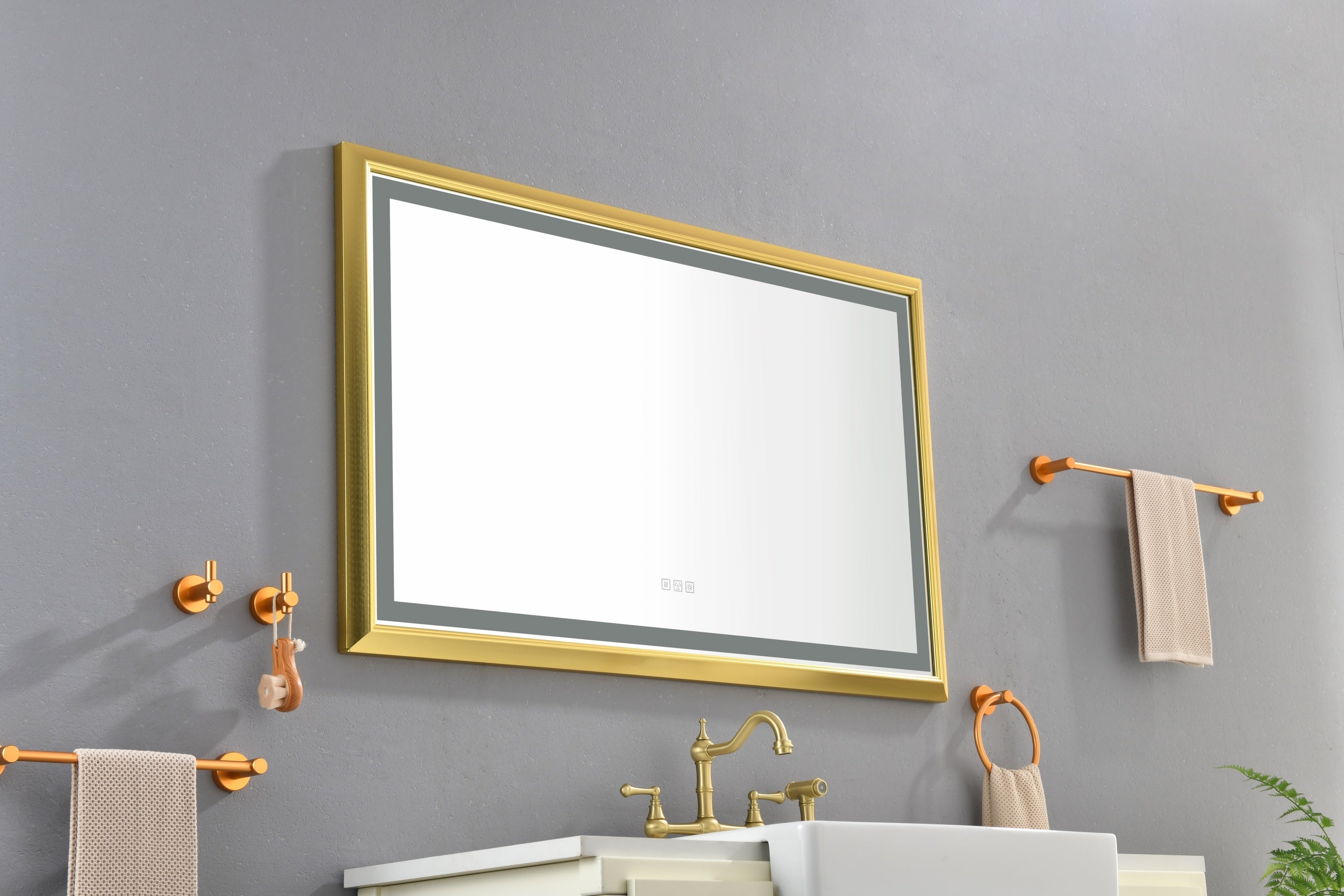 48 in. W x 30 in. H Oversized Rectangular Gold Framed LED Mirror Anti-Fog Dimmable Wall Mount Bathroom Vanity Mirror Wall Mirror Kit For Gym And Dance Studio