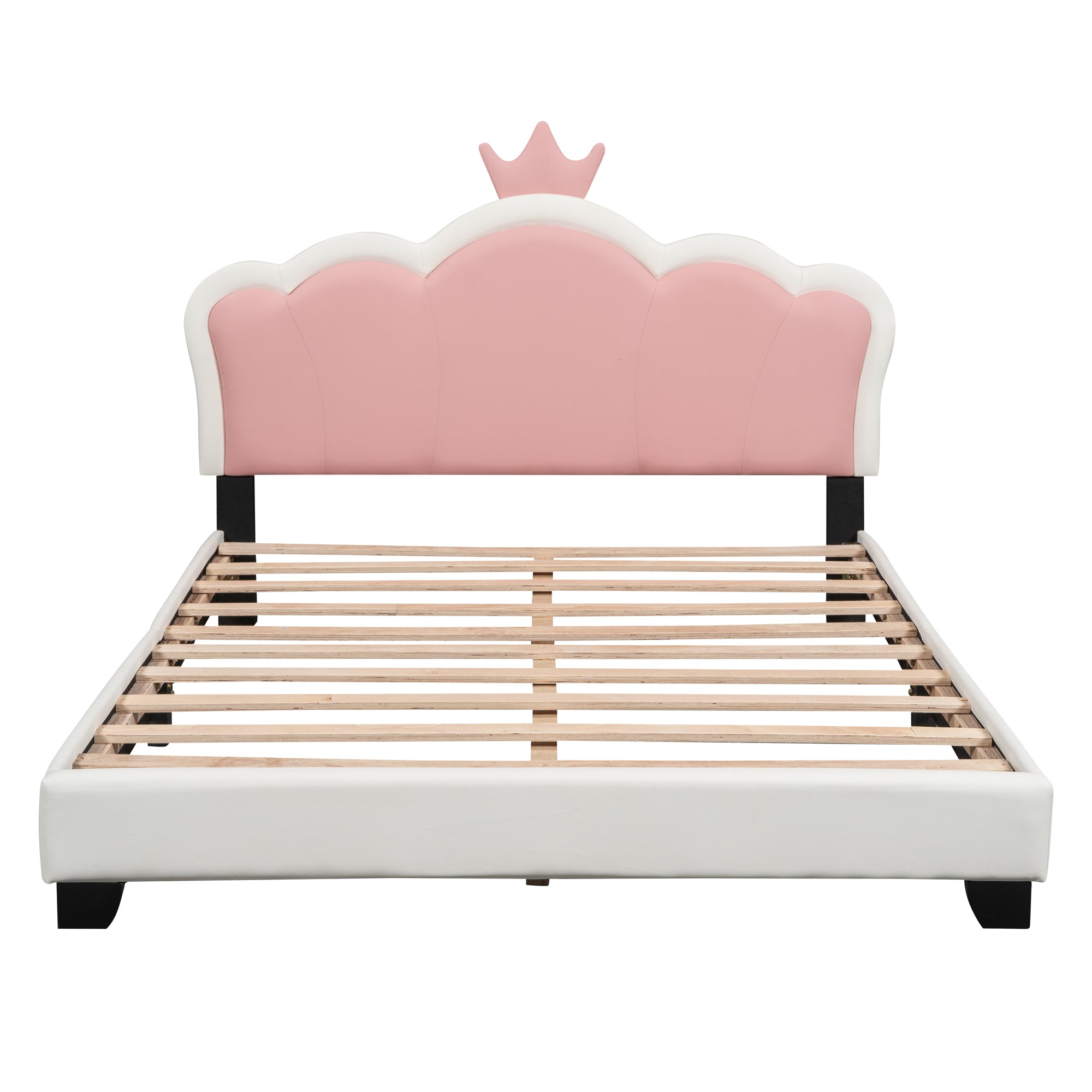 Full size Upholstered Princess Bed With Crown Headboard,Full Size Platform Bed with Headboard and Footboard, White+Pink
