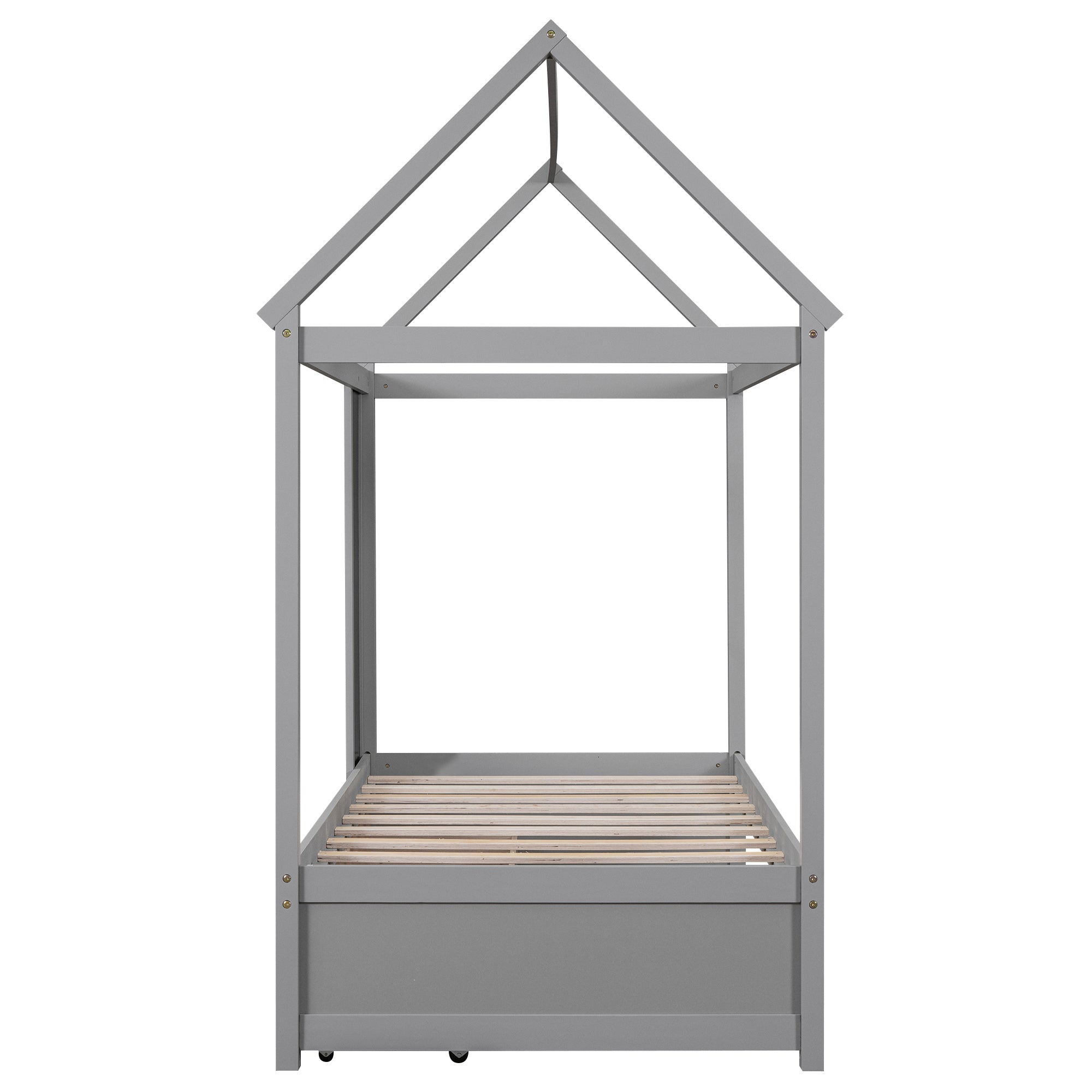 Twin Size House Bed with Drawers and Blackboard, Gray
