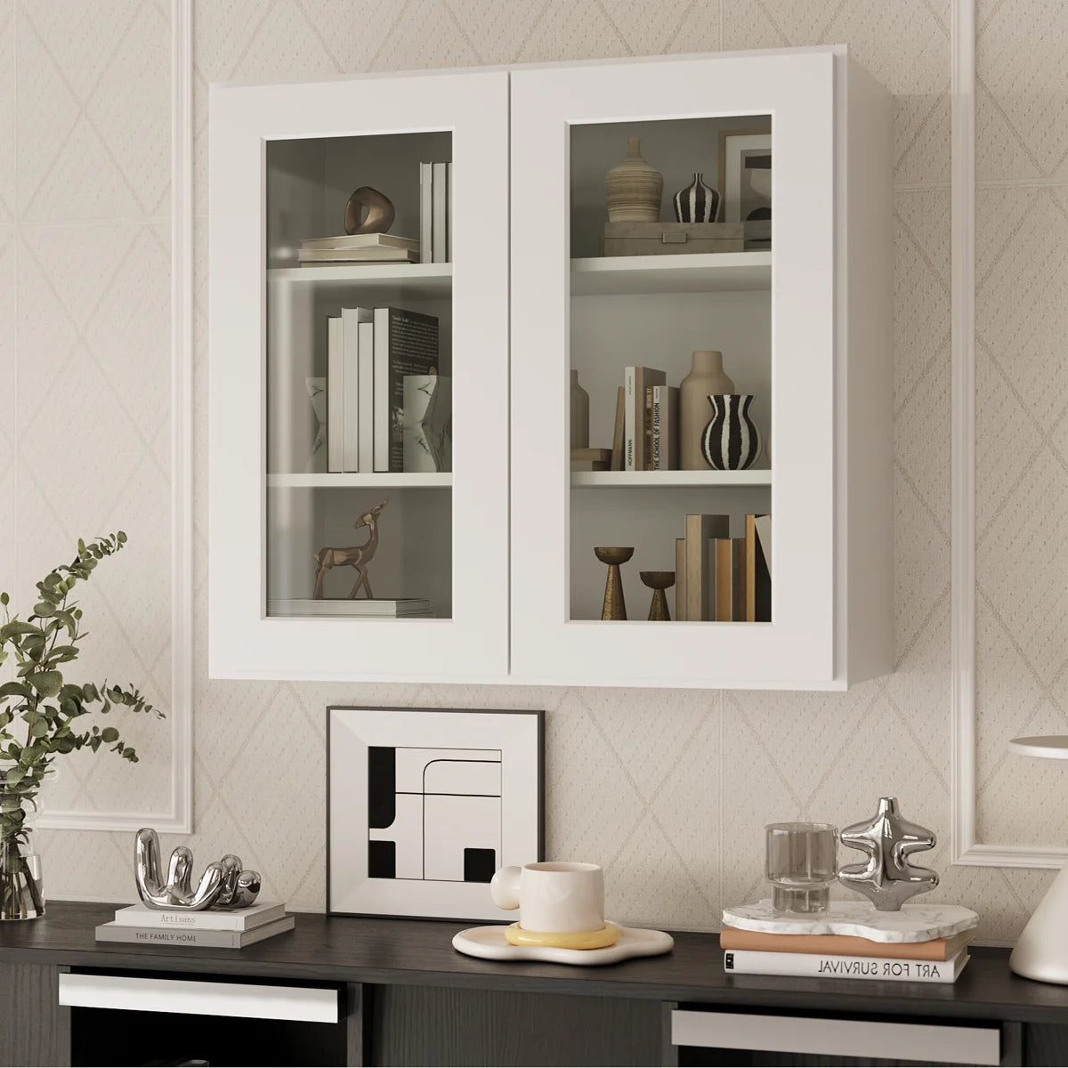 33"W * 30"H * 12"D Shaker White Glass Wall Kitchen Cabinet with Adjustable Shelves