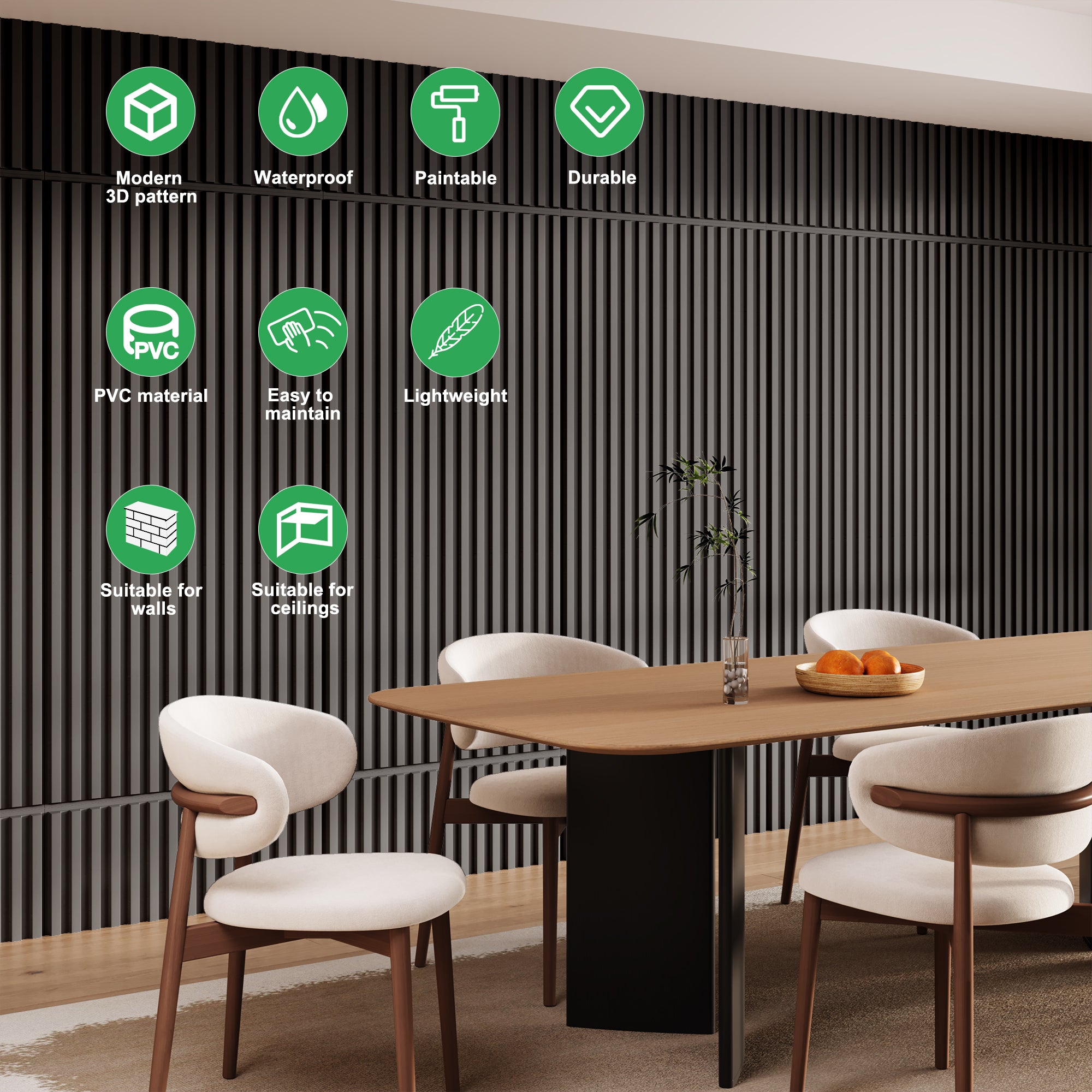 PVC Slat Wall Panel, 2x4 Feet 3D Fluted Textured Panel Black, Suitable for Kitchen, Living Room, and Home 3D Wall Panels(12-Pack, 96 Sq.ft)