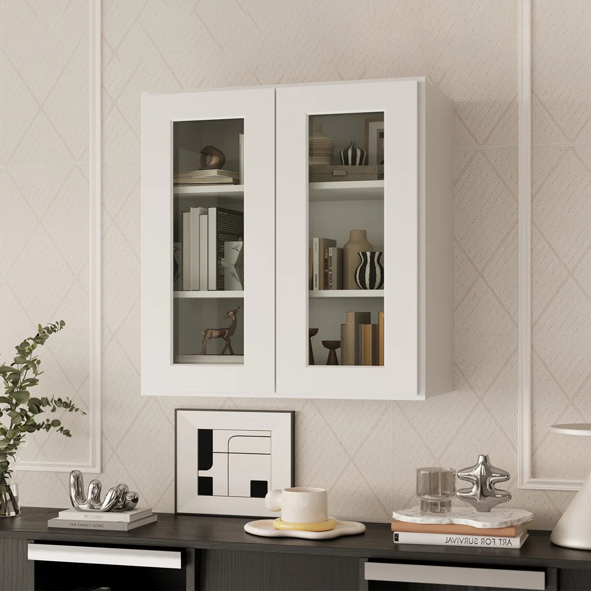 27"W * 30"H * 12"D Shaker White Glass Wall Kitchen Cabinet with Adjustable Shelves
