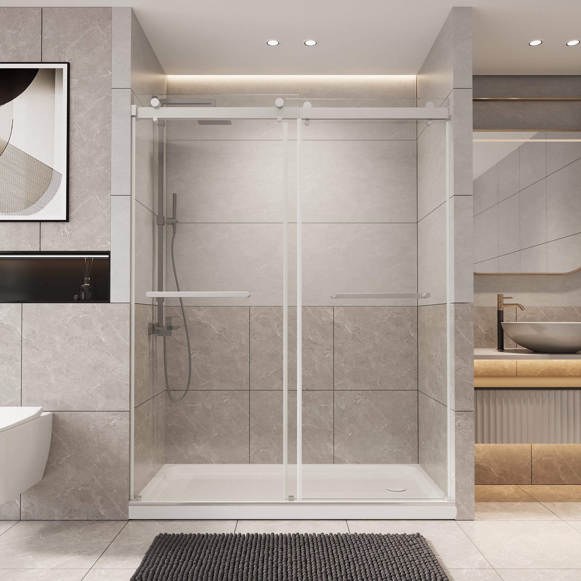 56 to 60'' W x 76'' H Frameless Shower Door, Double Sliding Shower Door with Premium 1/4" (6mm) Thick Tempered Glass, Stainless Steel, Matte Black 30340058BF-Black-hsq