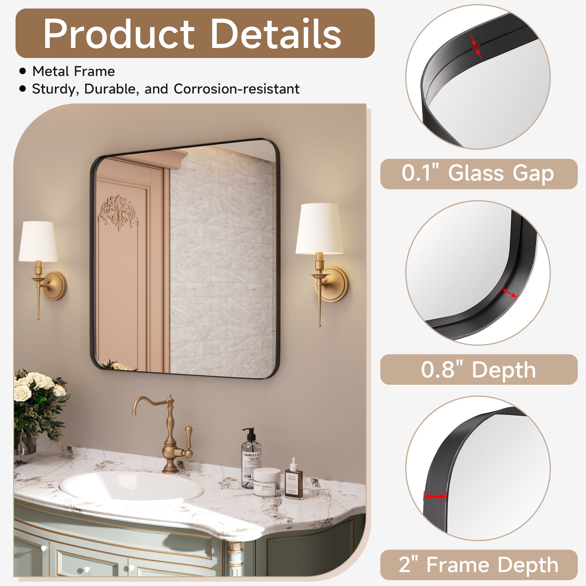 36 in. W x 30 in. H Tempered Glass Rectangular Framed Wall-Mounted Bathroom Vanity Mirror in Black
